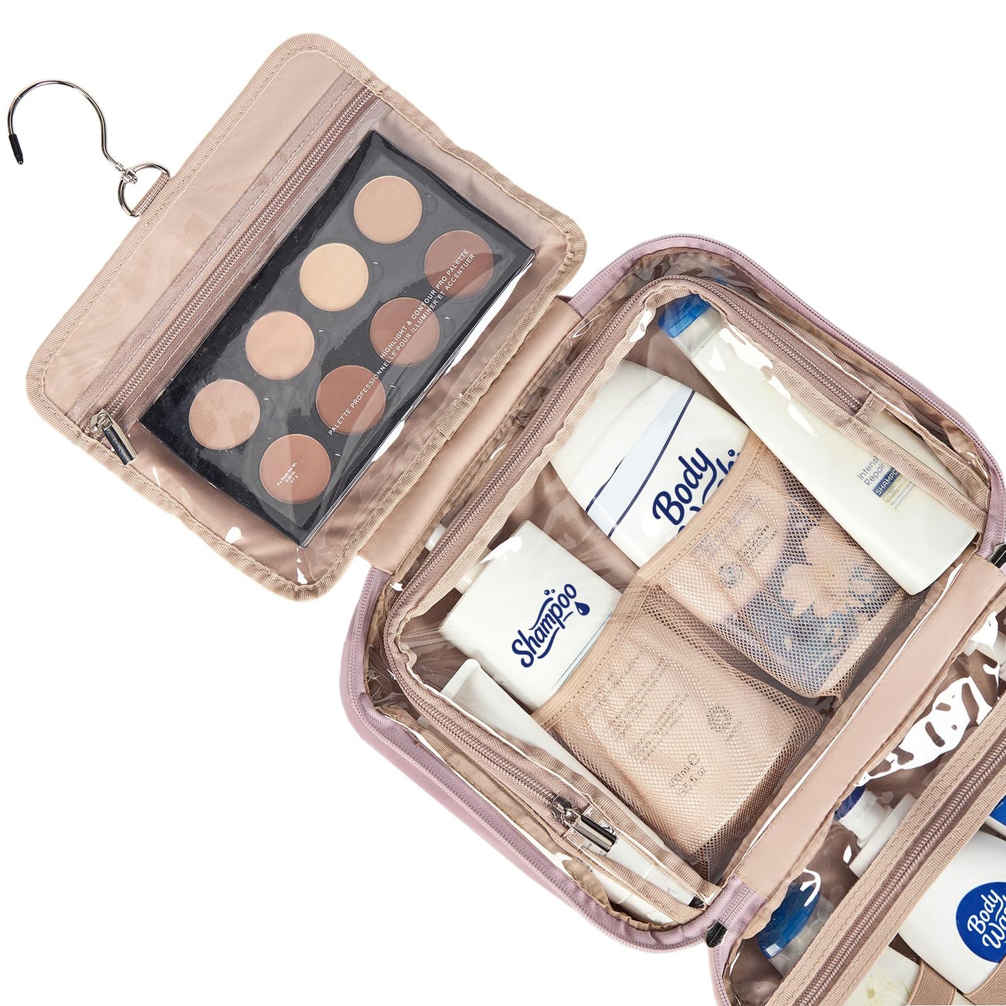 NISHEL Travel Toiletry Bag for Women, Makeup Essentials Organizer, Hanging Case for Accessories, Cosmetics, Large Size, Peach Pink