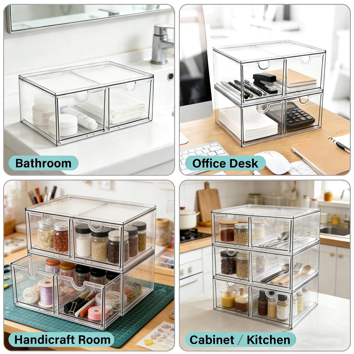 Prsildan Stackable Clear Makeup Organizer, 2 Pack Acrylic Storage Drawers with 4 Drawers for Vanity Bathroom Office Desk Modular Drawer System for Cosmetics Jewelry Toiletries Home Organization