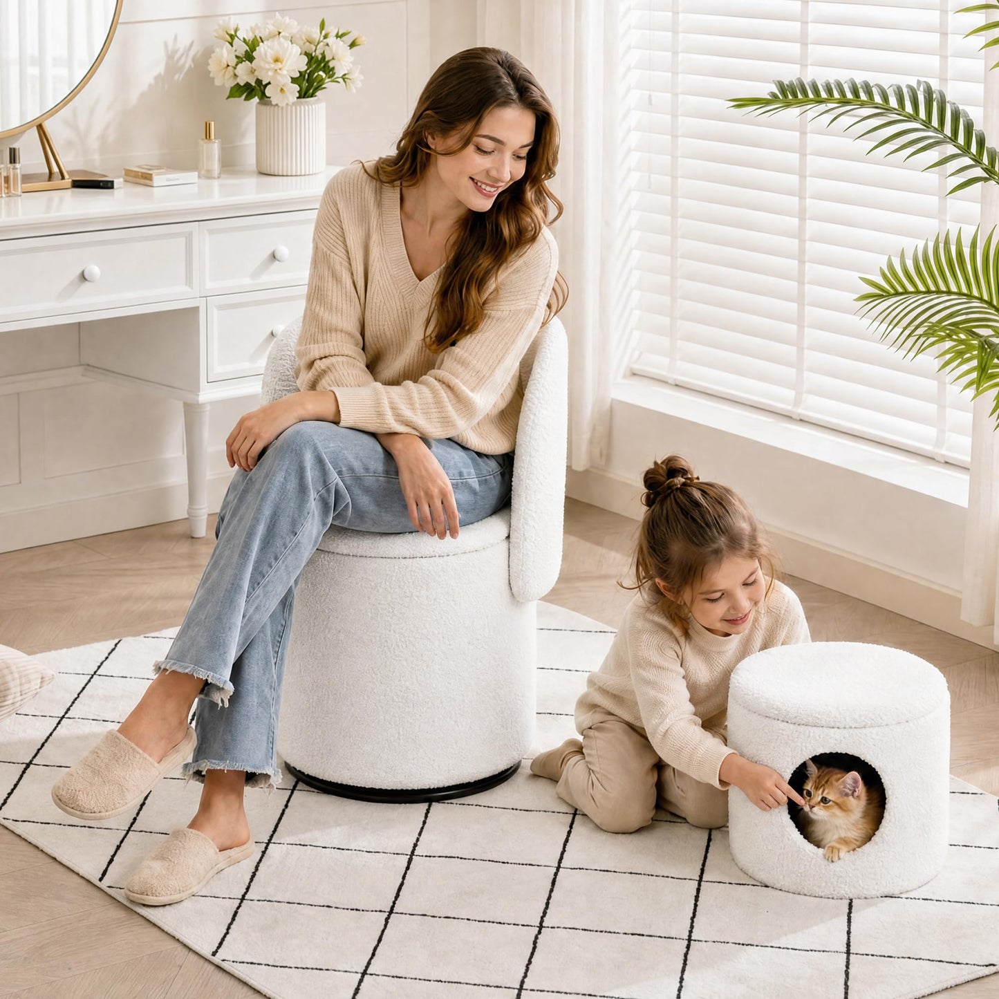 WOCFYK Swivel Vanity Chair with Storage and Matching Cat Bed Stool, 360 Degree Upholstered Barrel Chair, Teddy Fleece Makeup Chair with Back for Bedroom, Vanity Room, Dining Room, White Teddy Fleece