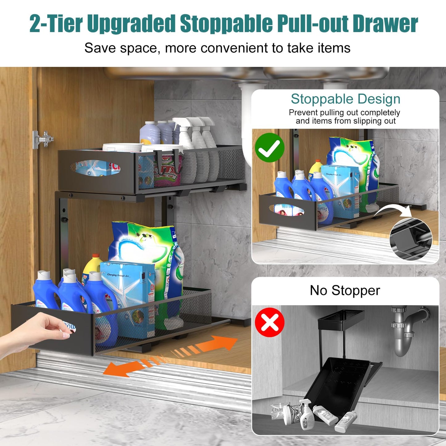 Housolution 2 Pack Under Sink Organizer, 2 Tier Metal Pull Out Under Sink Storage with Sliding Mesh Drawers, Height Adjustable Slide Out Under Sink Organizer for Kitchen Bathroom Cabinet, Black