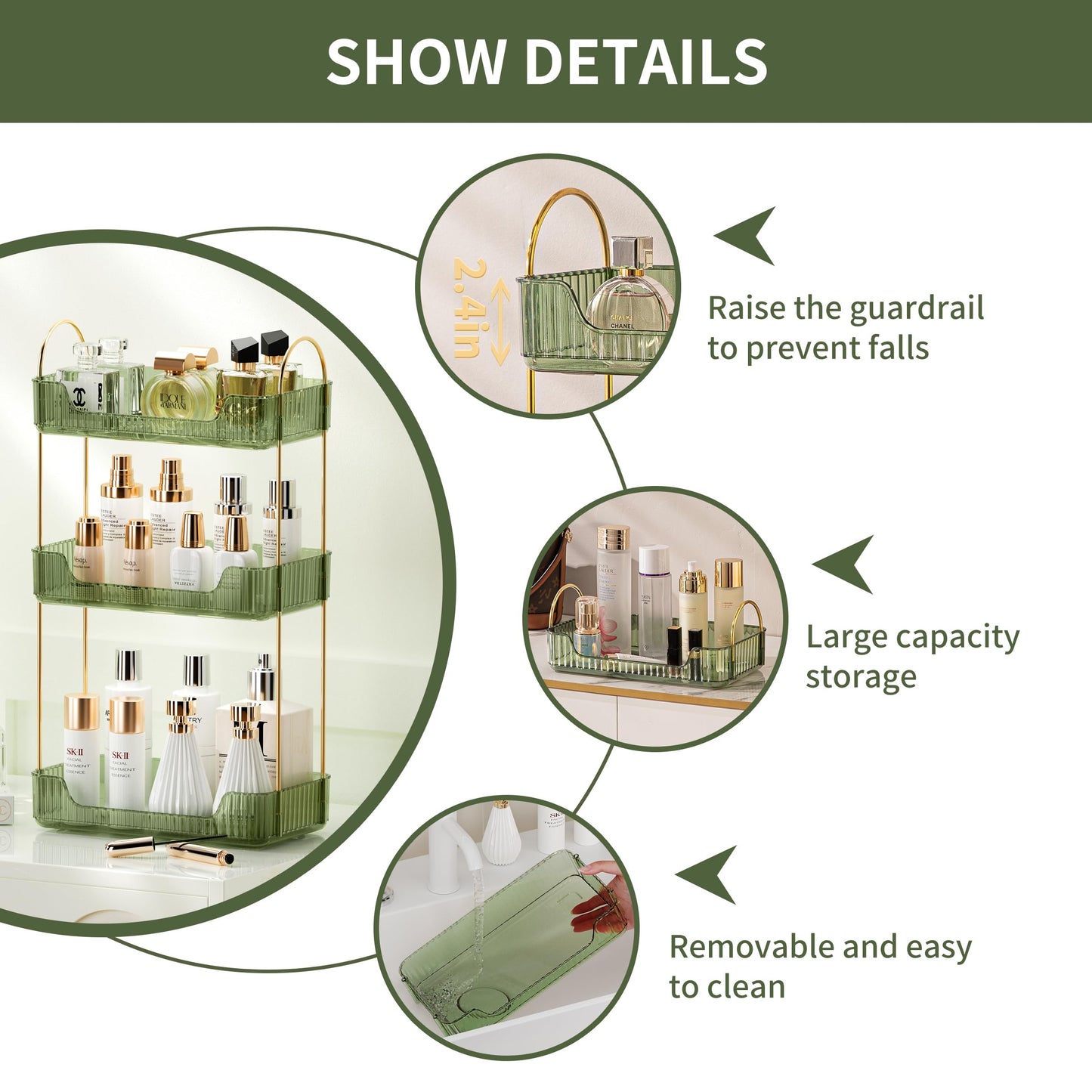 Akinbas 3 Tier Bathroom Organizer Countertop Makeup Perfume Tray Skincare Organizer for Bathroom Dresser Vanity (Green)