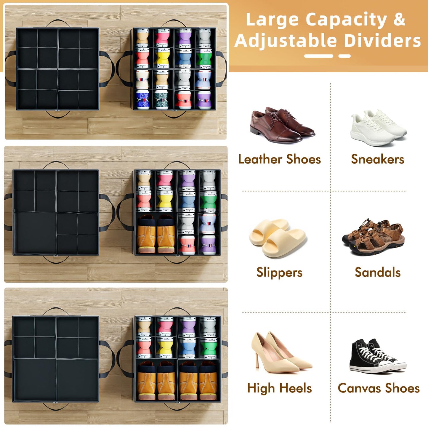 Large Reinforced 2 Pack Shoe Organizer for Closet with Adjustable Dividers