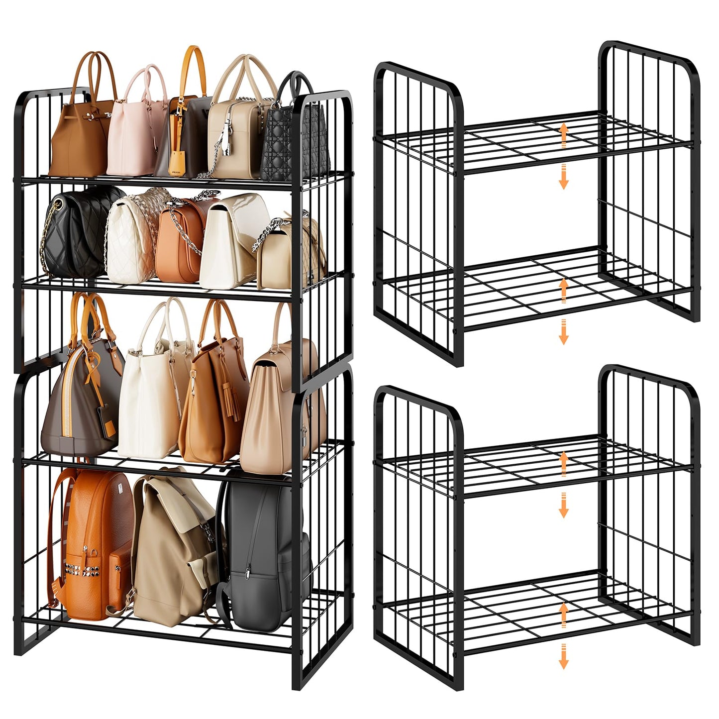 HapiRm Adjustable Purse Organizer for Closet - Purse Rack with Stackable & Separable Design, Large Capacity 4 Tier Handbag Organizer for Various of bags, Space-Saving bag rack for Home