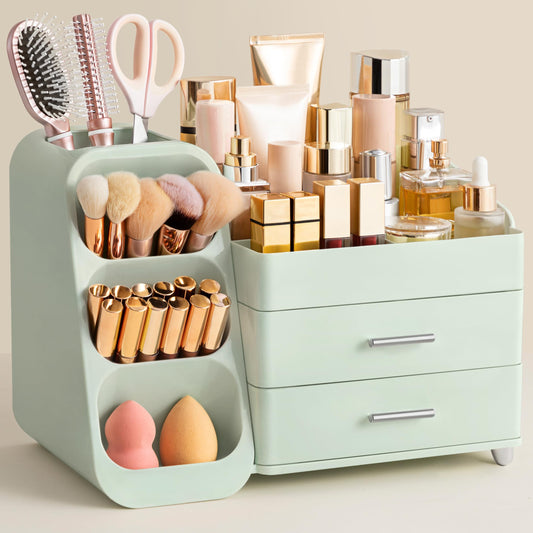 HBlife Makeup Organizer with Brush Holder for Vanity, Large Plastic Bathroom Countertop Organizer Skin Care Storage, Easy to Store Lipsticks, Nail Polishes, Perfumes, Eyeshadow Palettes, All Green