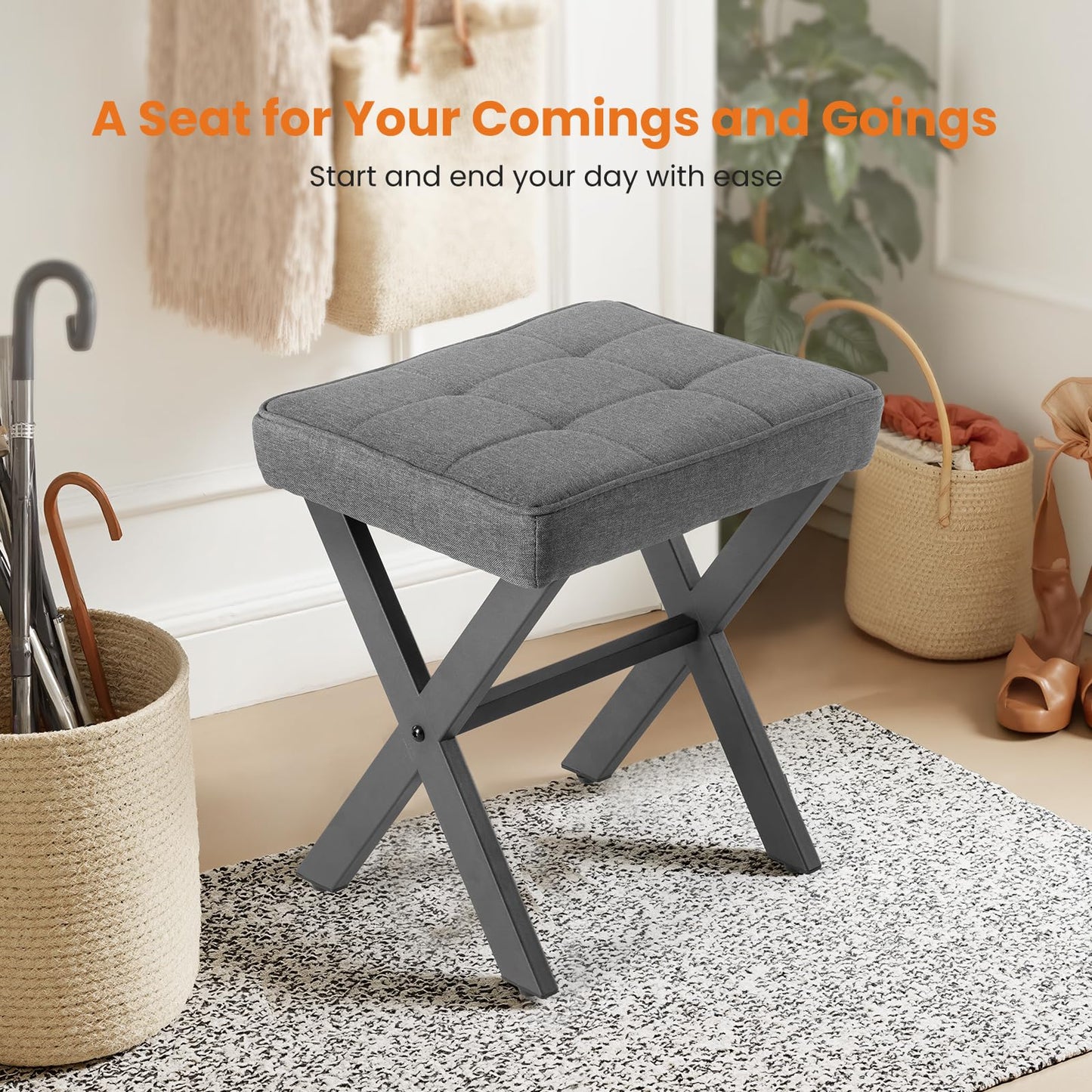 Sweetcrispy Vanity Stool Ottoman, Square Linen Makeup Stool Metal X Legs, Small Footstool Chair for Vanity, Modern Padded Seat Foot Rest for Makeup Room, Bathroom,Living Room, Entryway, Gray