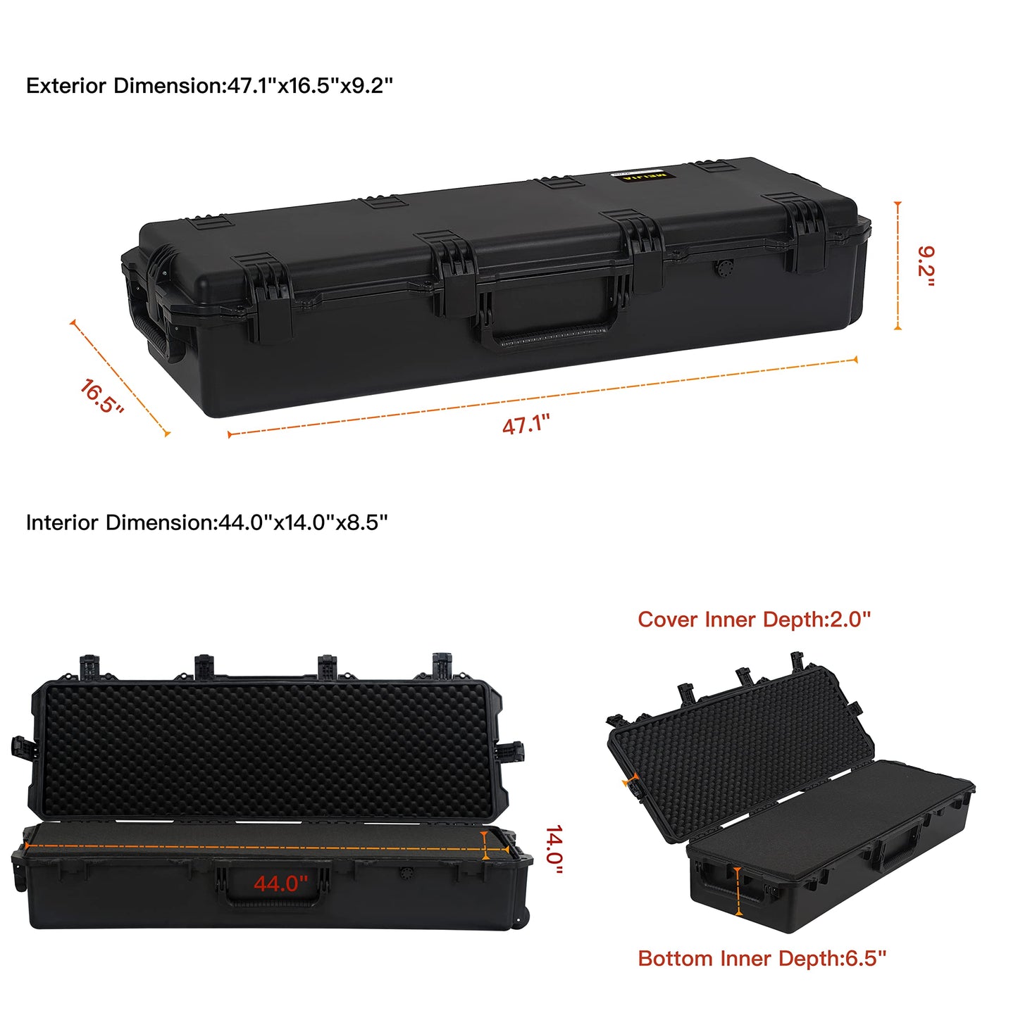 MEIJIA Portable Rolling Waterproof All Weather Rifle Hard Case with Wheels,Customizable Fit Foam Inserted, Elegant Black,47.1"X16.5"X9.2"