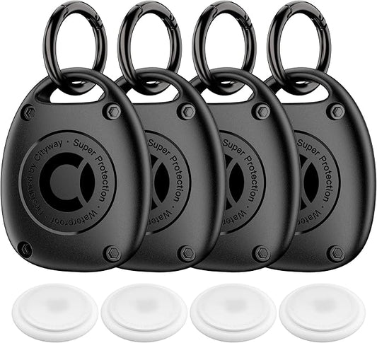 (4 Pack) for AirTag Keychain Holder Case | IPX8 Waterproof, Ultra-Compact | Portable for Air Tag Holder Cover for Backpack, Keys, Luggage - Black