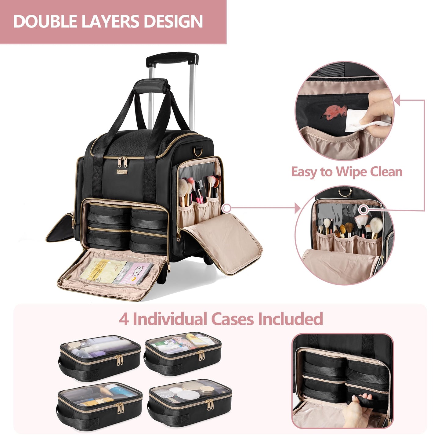 Prokva Rolling Makeup Case with 4 Removable Bags, Professional Makeup Train Case with Wheels, Makeup Artist Travel Bag with Brushes Storage Section, Black (Patent Design)