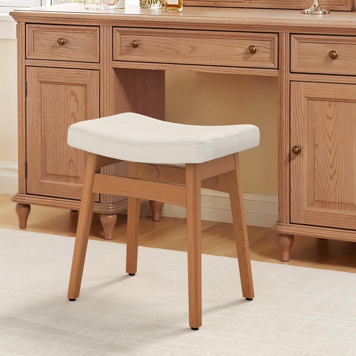 LUE BONA Solid Wood Vanity Bench Stool, 17.3" H Ergonomic Saddle Stool, 2'' Sick Upholstered Vanity Chair for Makeup Room, Bedroom & Bathroom, 300lbs, Beige