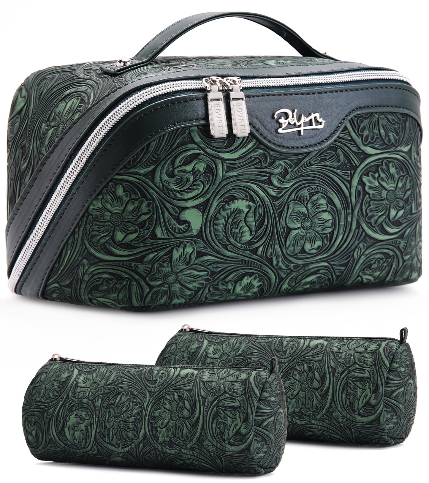 BOYATU Travel Makeup Bags Cosmetic Organizer Bag: 3 Pcs Set Large Capacity Floral Make up Bag with Compartments - Waterproof Leather Toiletry Bags with Handle for Women (18-Green)
