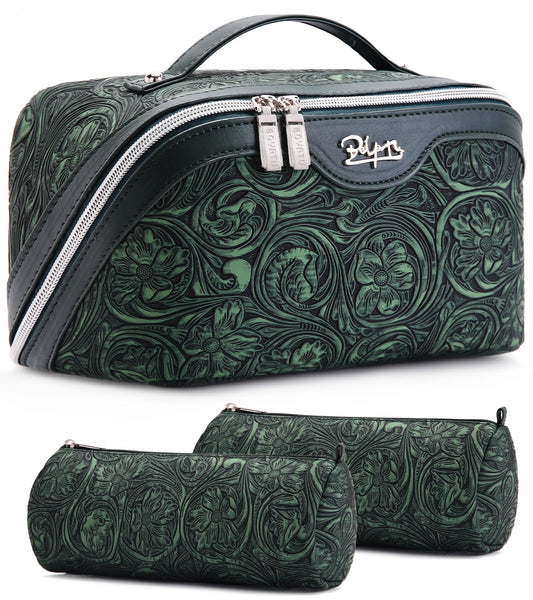 BOYATU Travel Makeup Bags Cosmetic Organizer Bag: 3 Pcs Set Large Capacity Floral Make up Bag with Compartments - Waterproof Leather Toiletry Bags with Handle for Women (18-Green)