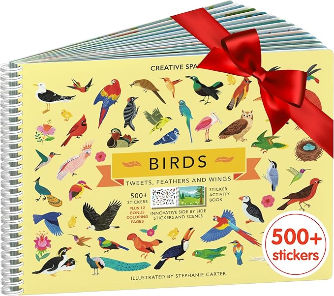 Cupkin Bird Sticker Book Activity for Kids, Toddler Airplane Travel Essentials, 500+ Parrot Stickers + 12 Scenes + 12 Coloring Book Pages, Bird Lover Kids Gift, Kid Crafts for Ages 2-8