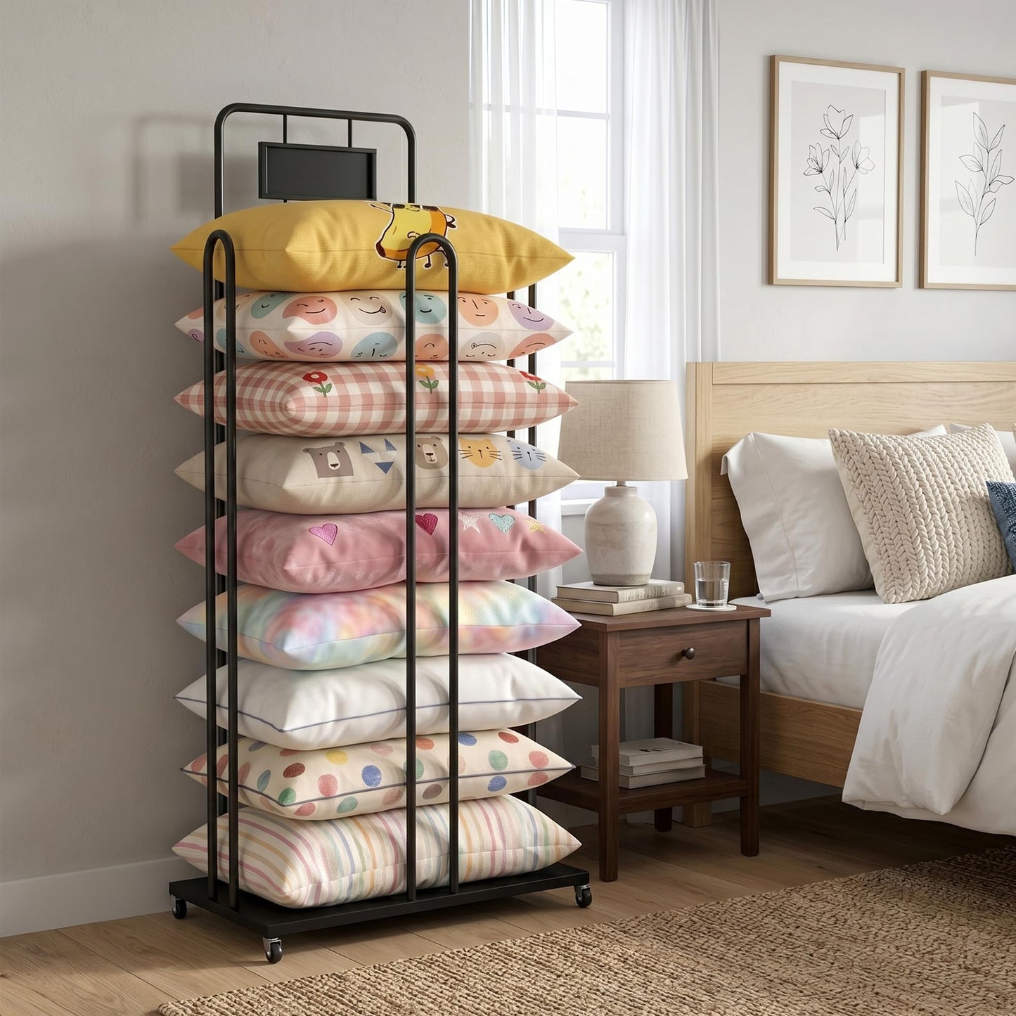 Rolling Pillow Storage Rack, Pillow Display Stand with Sign Holder, Metal Pillow Holder, Commercial Throw Pillow Rack, Cushion and Pillow Tower Storage Stand for Home, Retail, Malls, Hotels, Schools