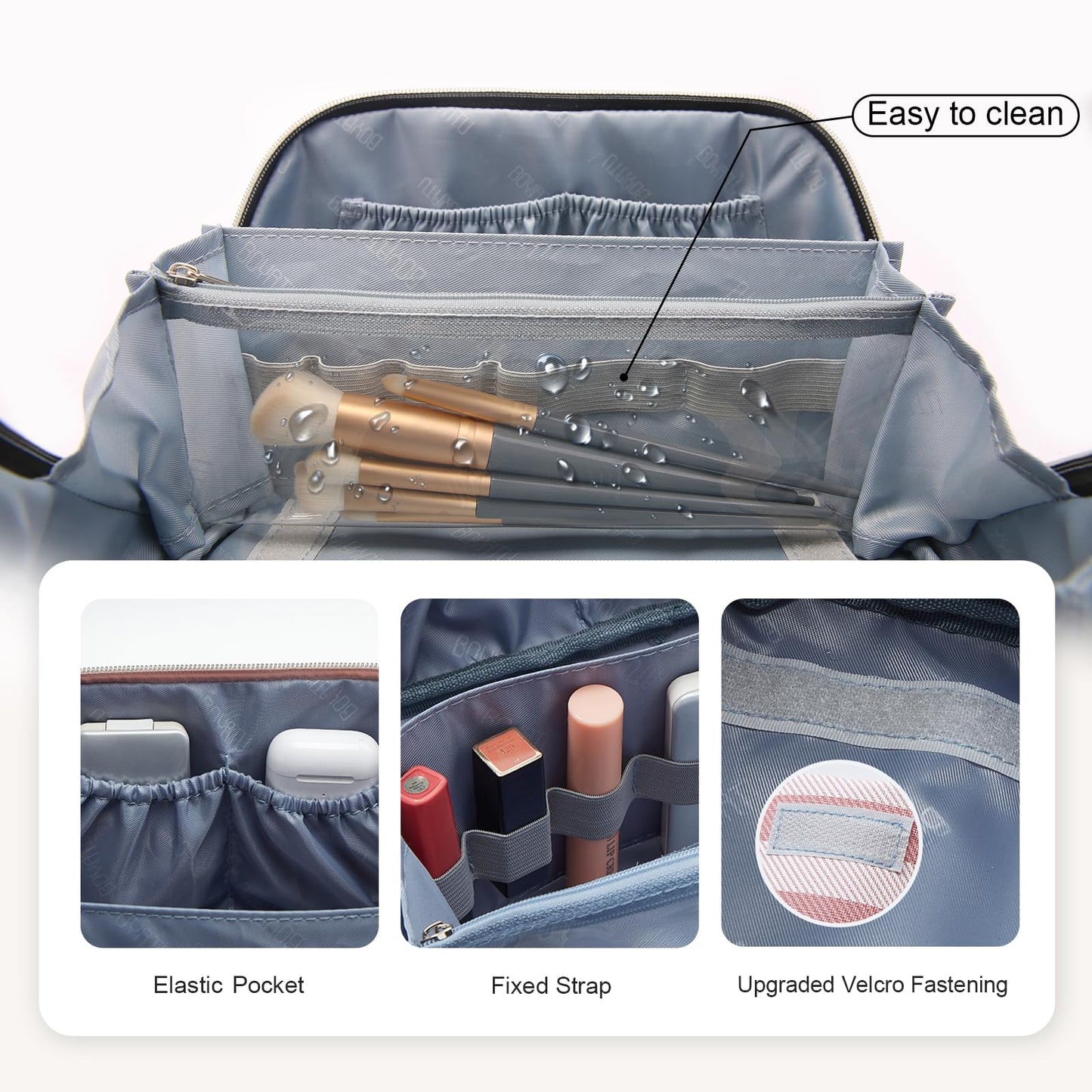 BOYATU Travel Makeup Bag Cosmetic Bag for Women: 3 Pcs Set Striped Make up Bag with Compartments - Waterproof Vegan Leather Toiletry Bags with Handle - Makeup Organizer for Travel Essentials(A-3-Pink)