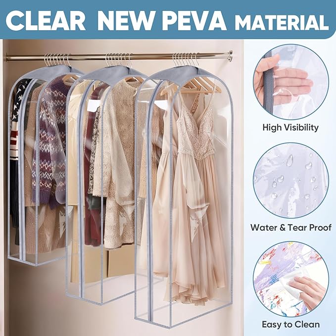 BALEINE 40'' Clear Garment Bags for Hanging Clothes, 10.5'' Wide PEVA Suit Bag for Closet Clothes Dresses Coat (Clear, 9PK)