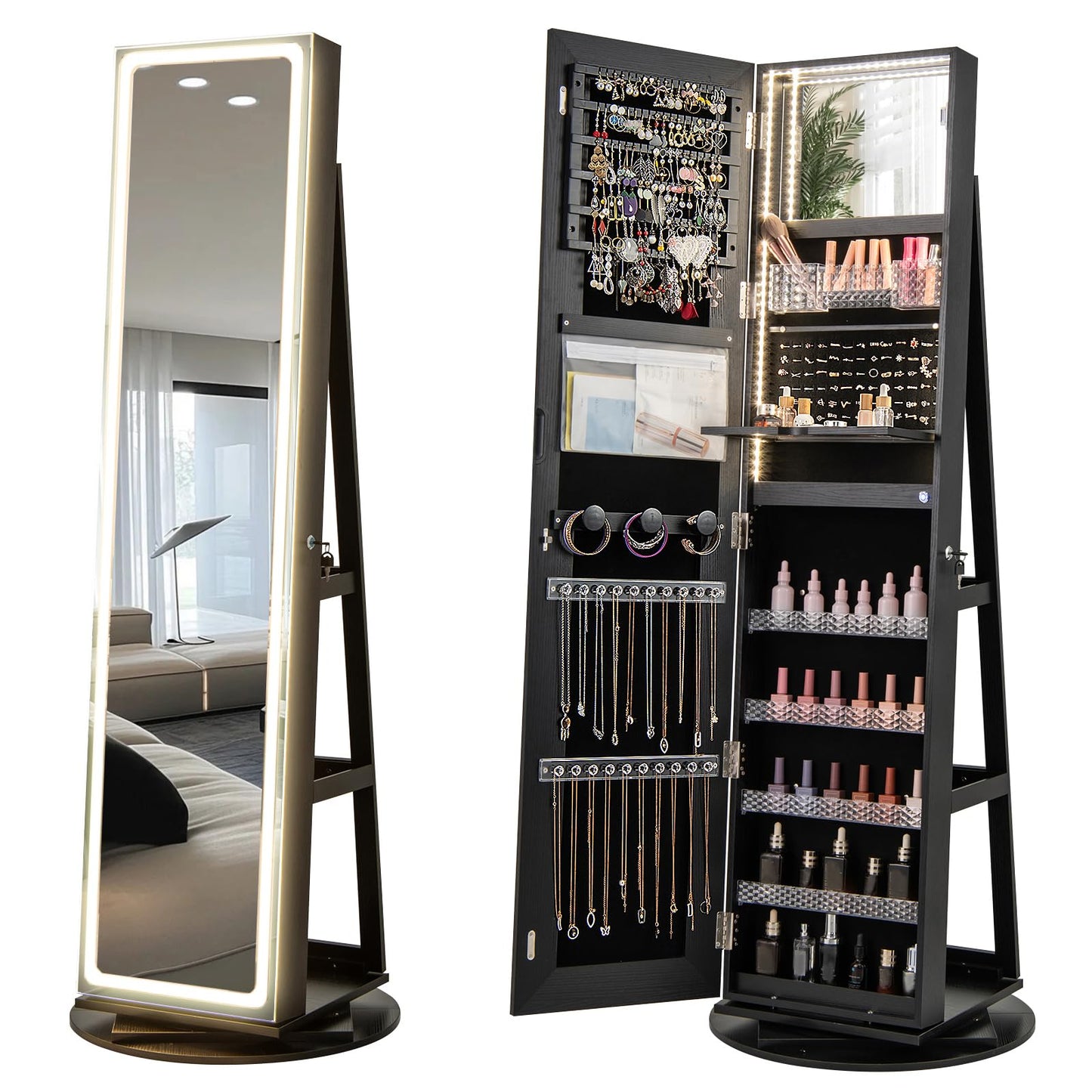CHARMAID 360° Rotating Jewelry Armoire with LED Lighted Full Length Mirror & Built-in Vanity Mirror, Lockable Standing Jewelry Cabinet with Lights, Large Storage Organizer for Jewelry (Black)