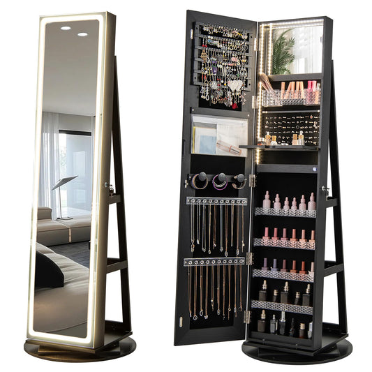 CHARMAID 360° Rotating Jewelry Armoire with LED Lighted Full Length Mirror & Built-in Vanity Mirror, Lockable Standing Jewelry Cabinet with Lights, Large Storage Organizer for Jewelry (Black)
