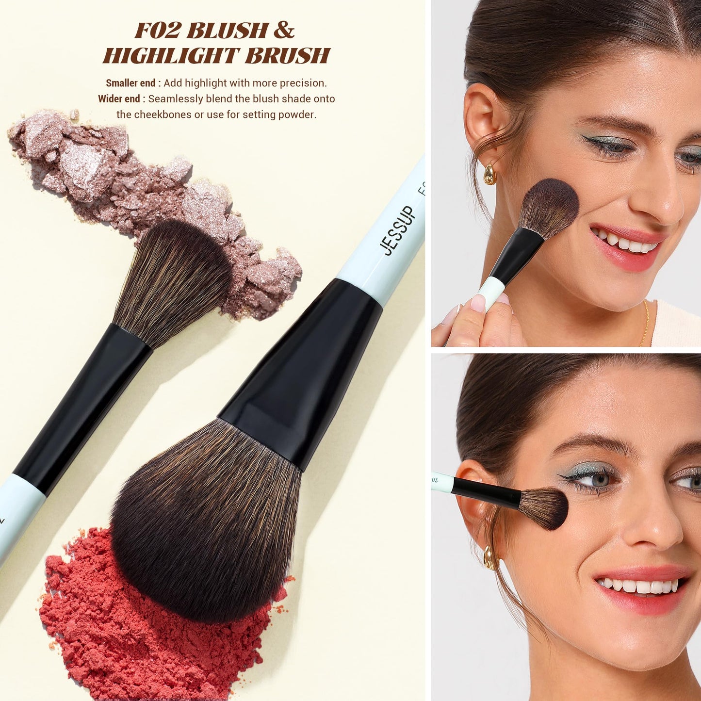 Jessup Face Makeup Brushes with Makeup Sponge, 3pcs Double Ended Makeup Brush for Foundation Contour Blush Highlight and Concealer Brush, Premium Synthetic Brush Set with Gift Box, T510