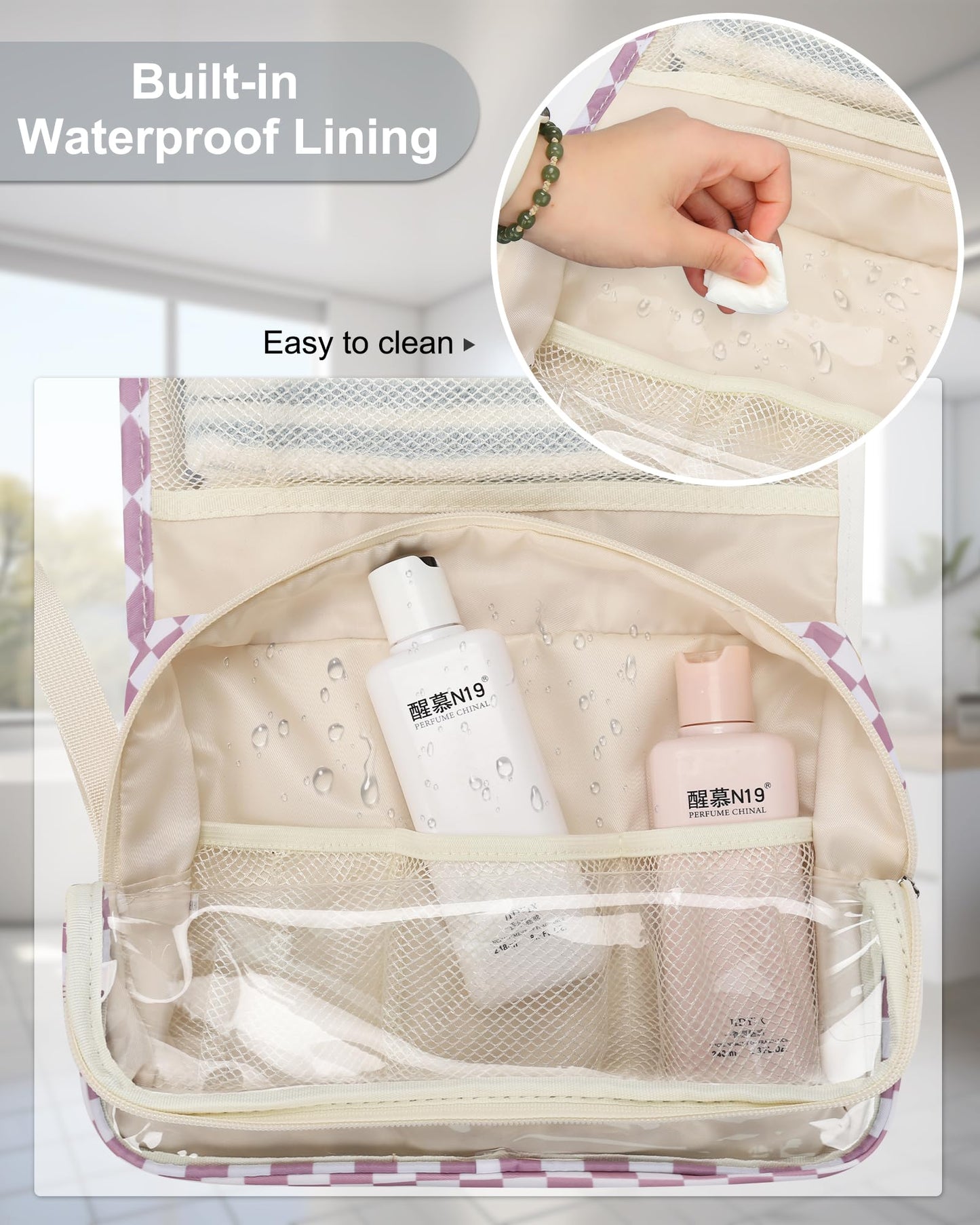 Relavel Hanging Toiletry Bag, Travel Toiletries Bag with Hanging Hook, Water Resistant Makeup Cosmetic Organizer for Full Sized Container, Shampoo, Portable Wash Bag for Essentials - Purple