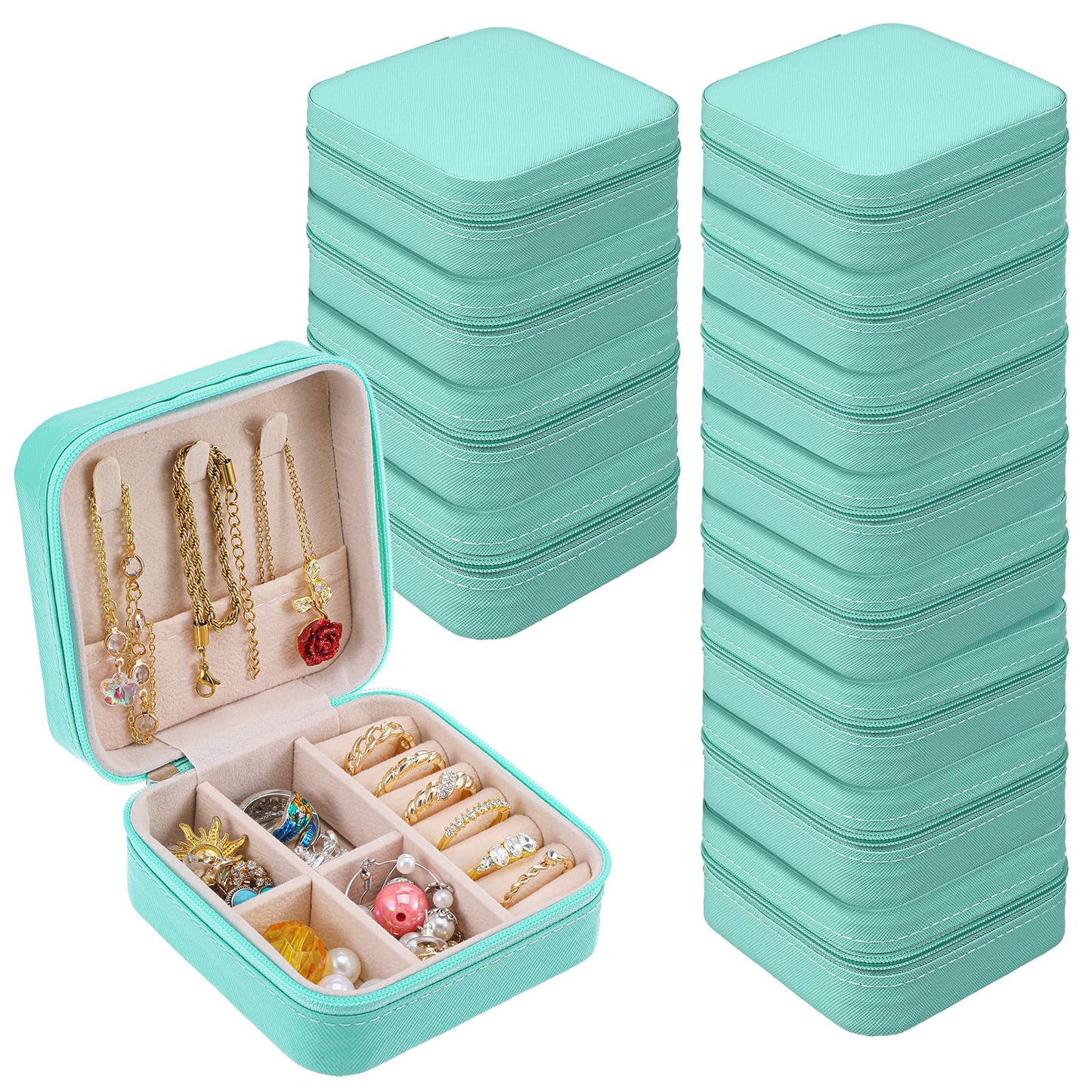 Xaajooio 12 Pcs Travel Jewelry Case, PU Leather Mini Jewelry Box Organizer, Portable Storage for Rings Earrings Necklace Bracelet, Bridesmaid Proposal Gift for Women Wedding, Blue