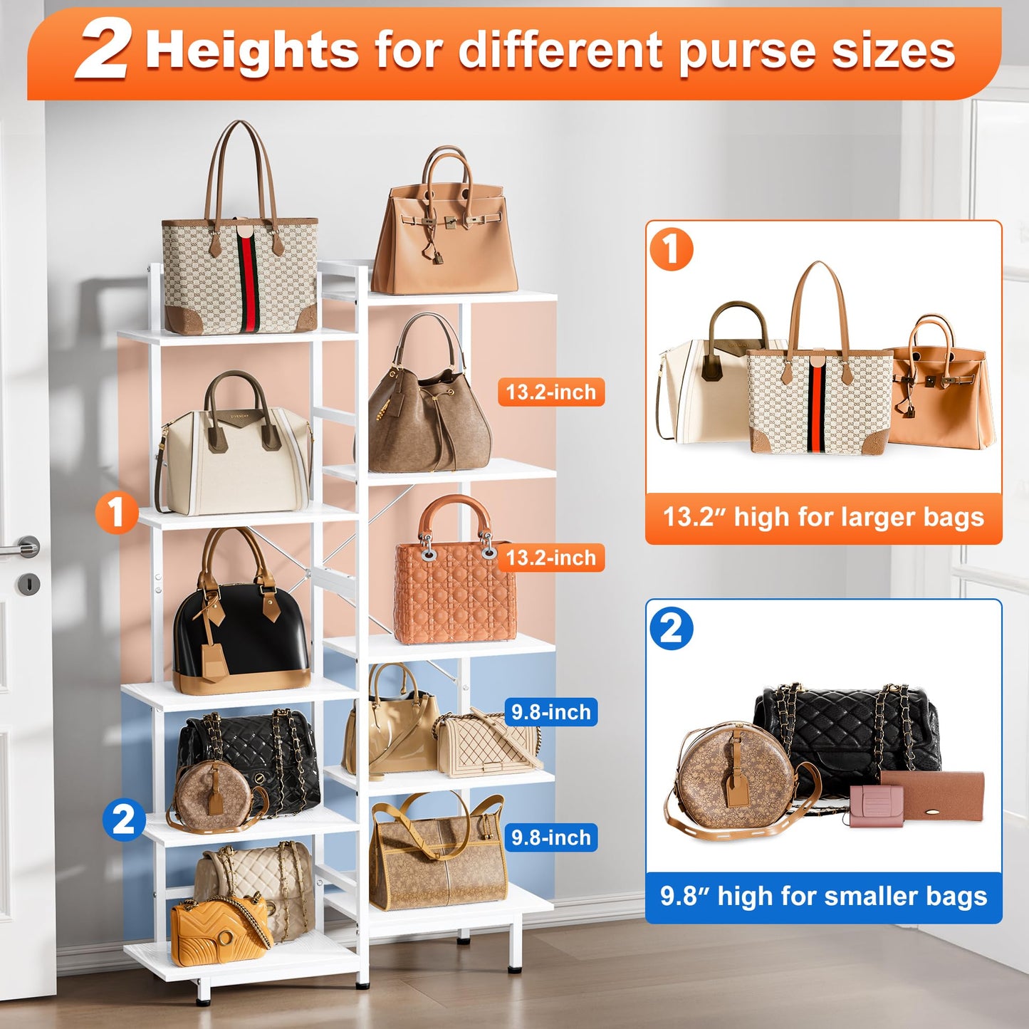 Aquzee Purse Display Shelf, 5 Tier Purse Rack, Tall Purse Organizer, Bag Handbag Organizers for Women Closet Cloakroom Bedroom Entryway, White