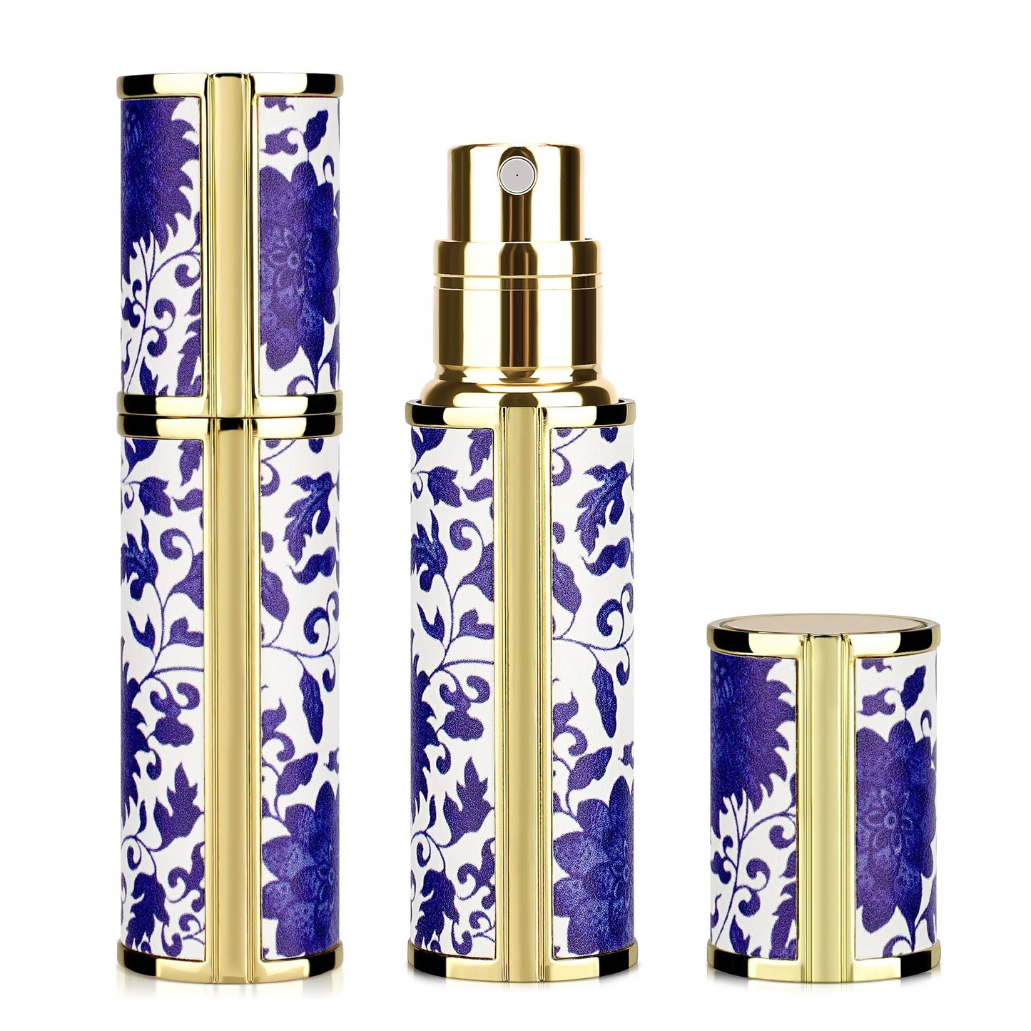 LUEXBOX Portable Perfume Bottle for Travel, Mini Refillable Perfume Dispenser, 5ml Faux Leather Leak Proof Perfume Atomizers, Blue and White Bottles Sprayer for Pocket Perfume (Blue branch)
