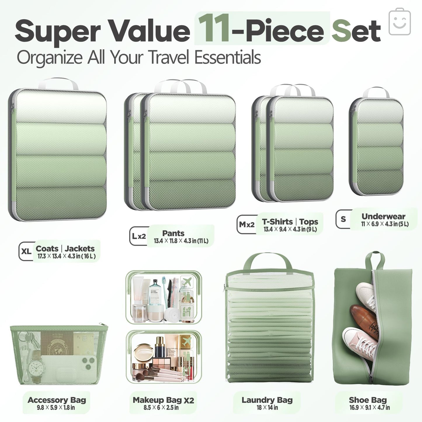 Veken 11-Pack Compression Packing Cubes for Travel Essentials,Compressible Expandable Large Luggage Suitcase Organizer Bags for Clothing,Durable Space Saver Bags with Toiletry Bags(Matcha Green)