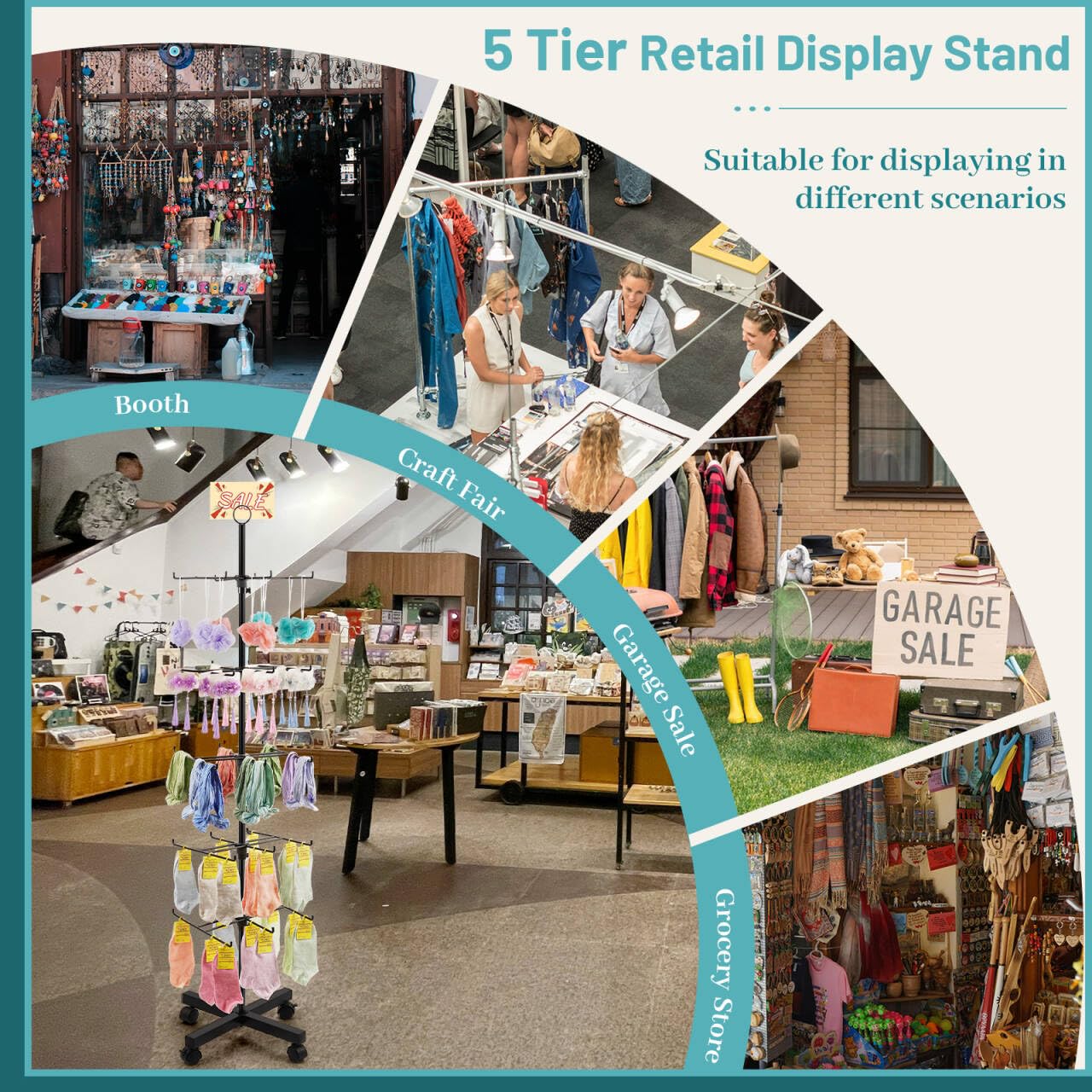 Flenpptly Retail Display Stand Rotating Display Rack 5 Tier Spinning Display Stand for Craft Shows, Jewelry, Keychain, Earring Adjustable Height Retail Display Racks (5-Tier Black)