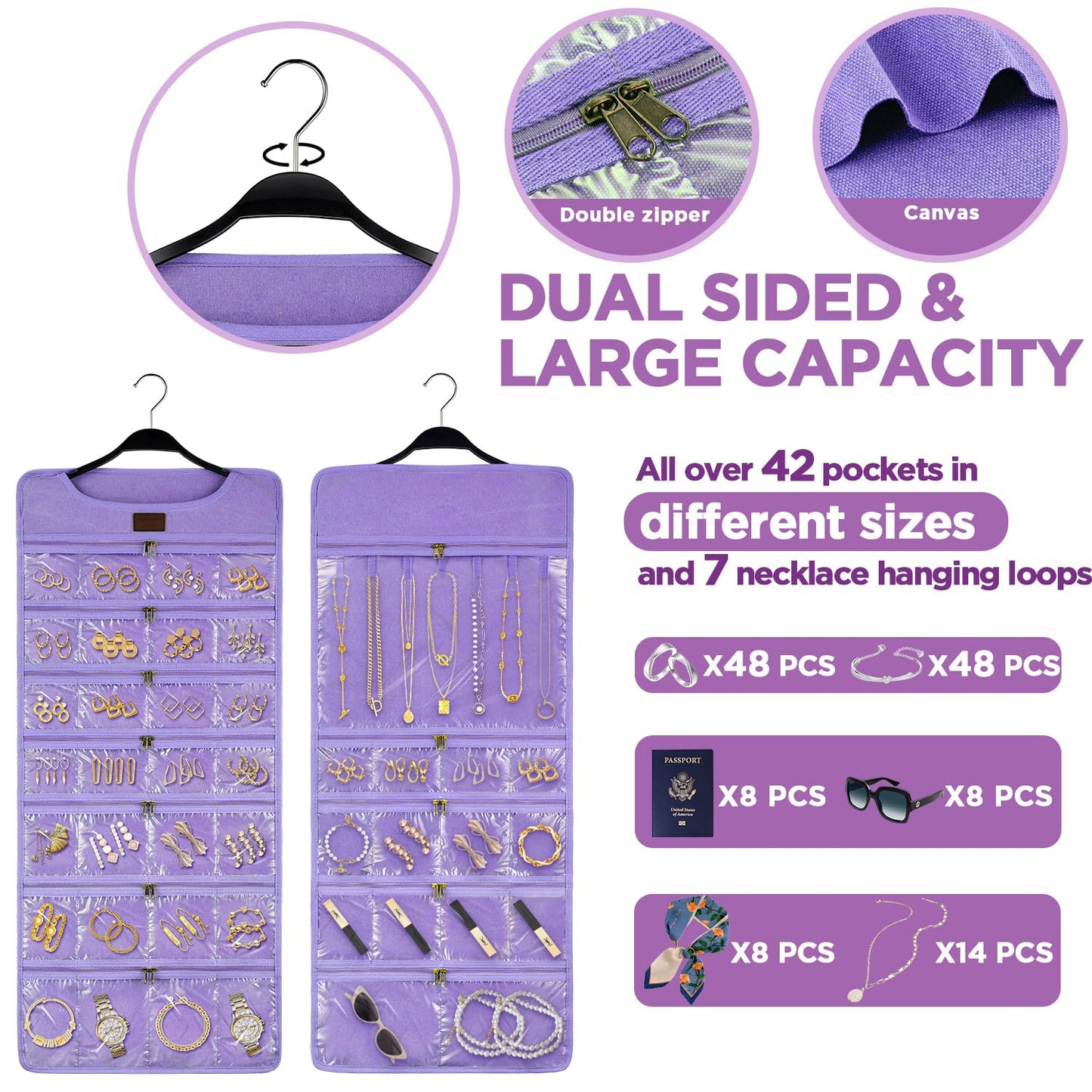 SMRITI Hanging Jewelry Organizer with Dual Zippered Pockets Canvas Double Sided Rotating Hanger Necklace Hanging Wall Organizer Earring Dustproof Holder Wall Mount Accessories Display Bag(Purple)