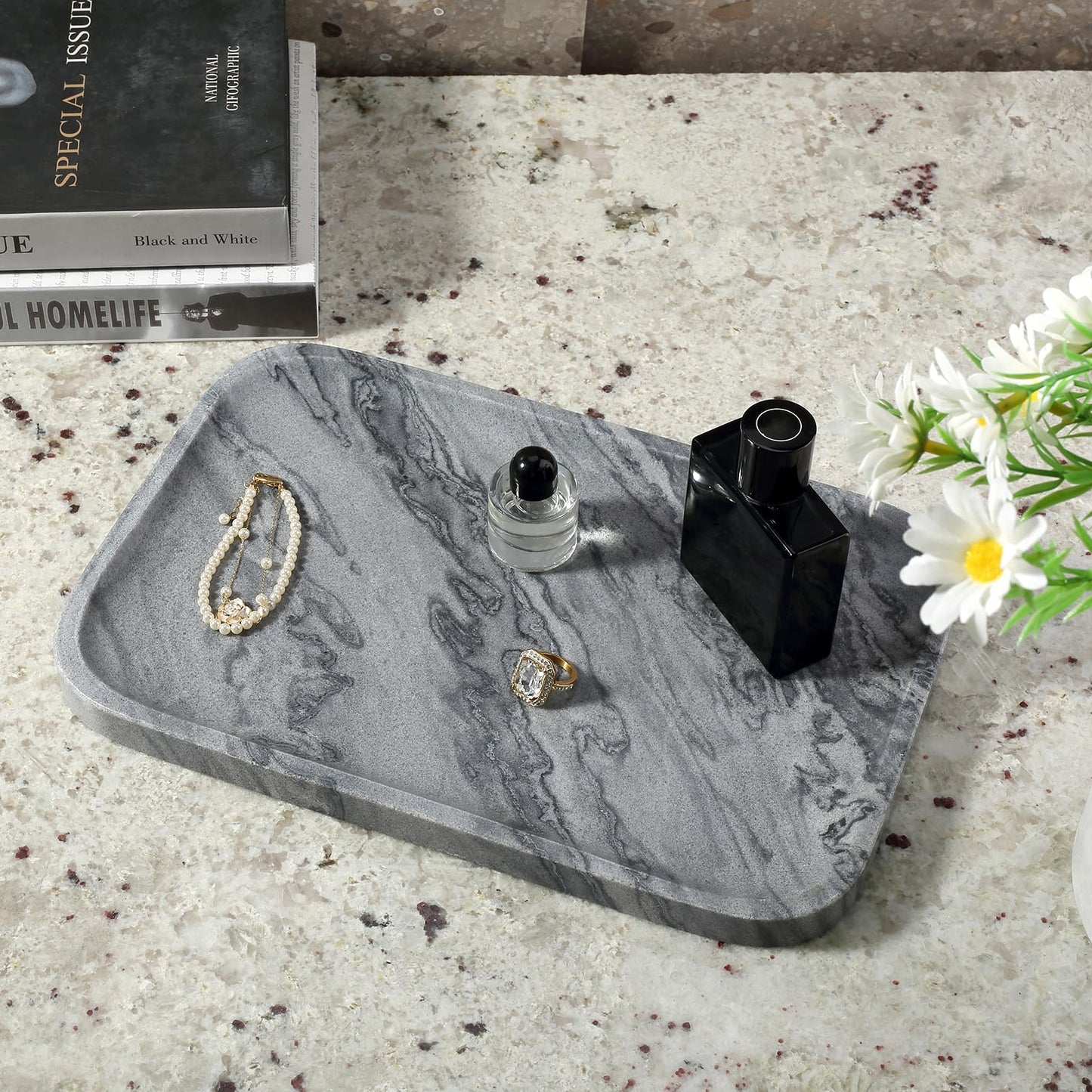 Koville Marble Tray, 12"x8" Natural Marble Vanity Tray for Countertop Bathroom Kitchen Dresser, Decorative Marble Catchall Trays for Perfume Jewelry(Grey)