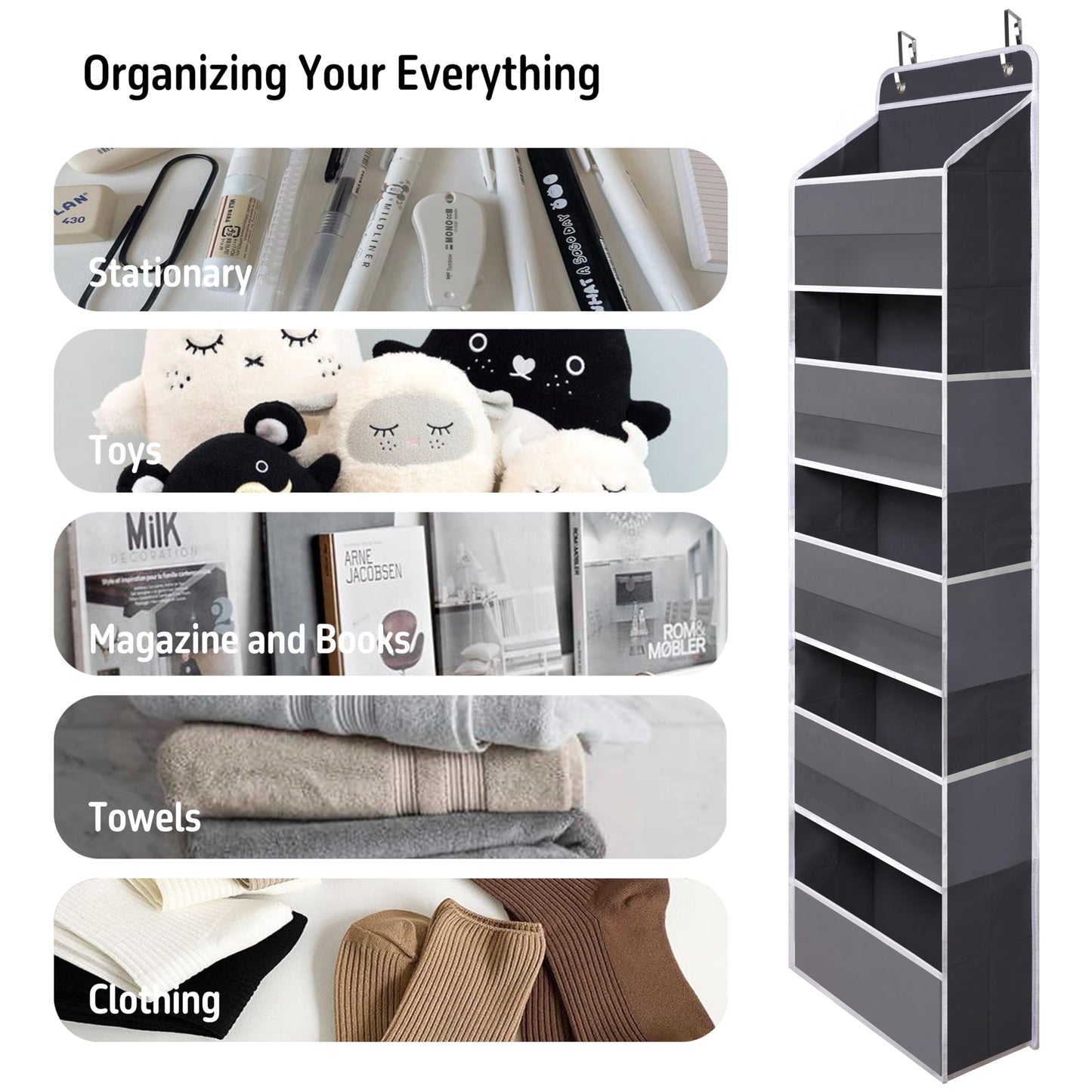 TYMENSH Gray Over Door Organizer with 5 Large Clear Pockets and 6 Side Mesh Pockets, Anti-Tilt Hanging Door Storage for Closet, Bathroom, Bedroom, Dorm, Nursery, Toys