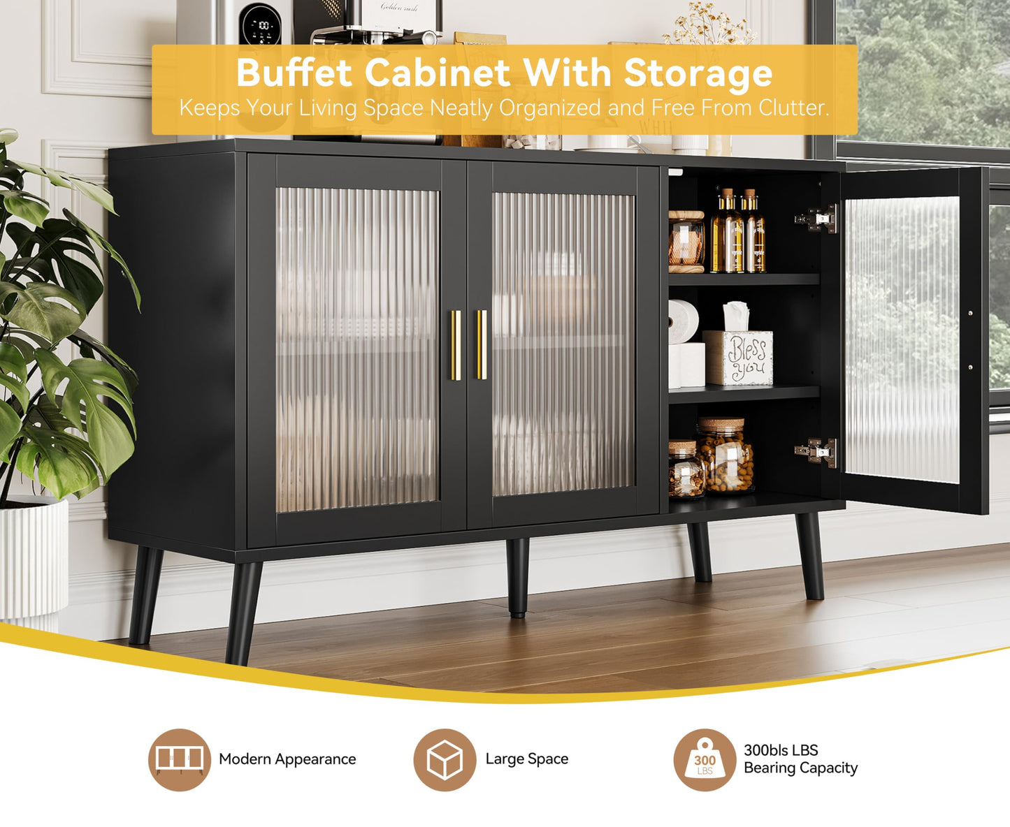 Reljofum Buffet Cabinet with Storage, 48" Large Sideboard Cabinet with 3 Fluted Glass Doors, Black Cabinet for Kitchen, Dinning Room, Hallway, Living Room
