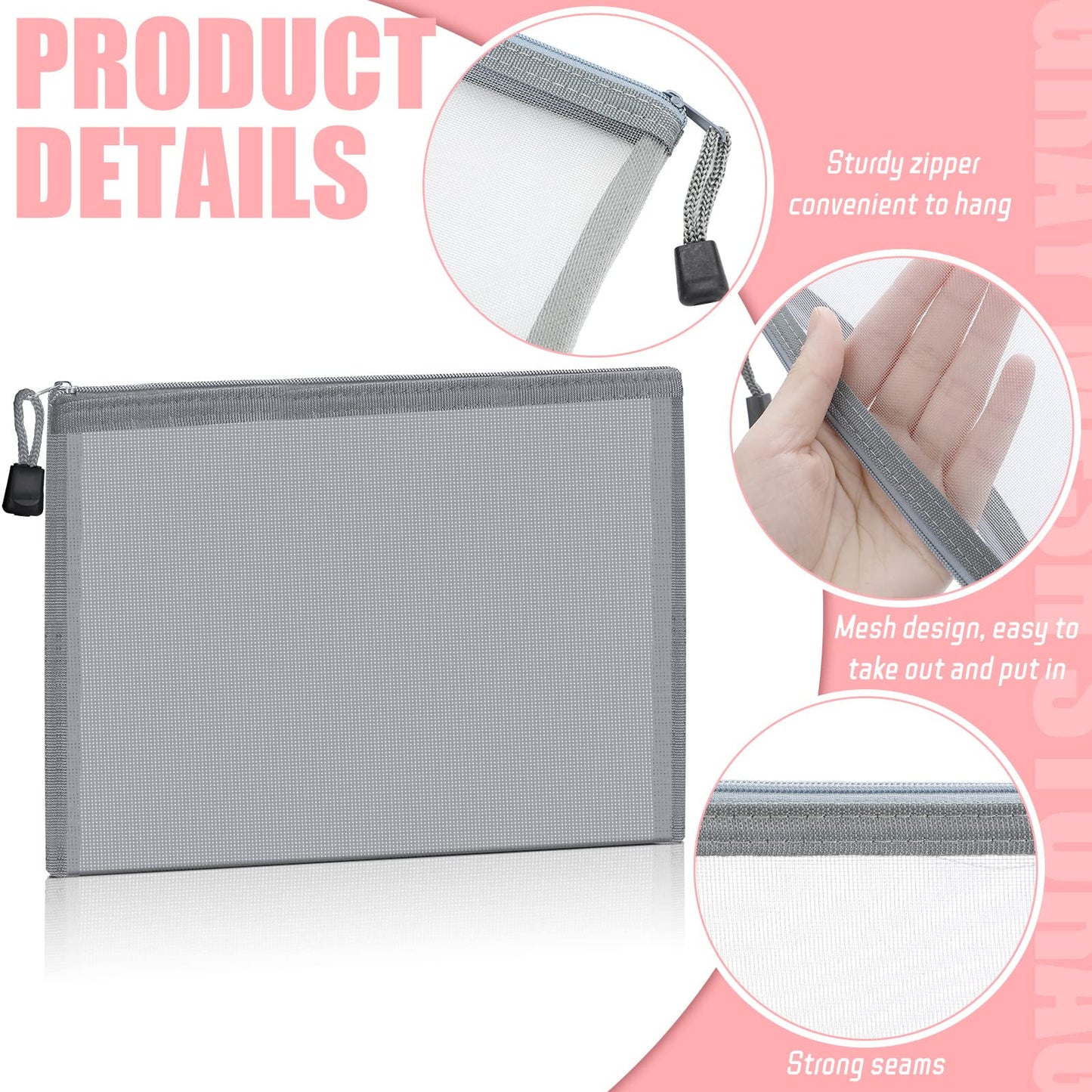 Outus 15 Pieces Mesh Bags Pouch Mesh Zipper Pouch Makeup Bags Cosmetic Travel Organizer Zipper Pencil Case for Organizing Office travel Storage(9.84 x 7.09 Inches,Gray)
