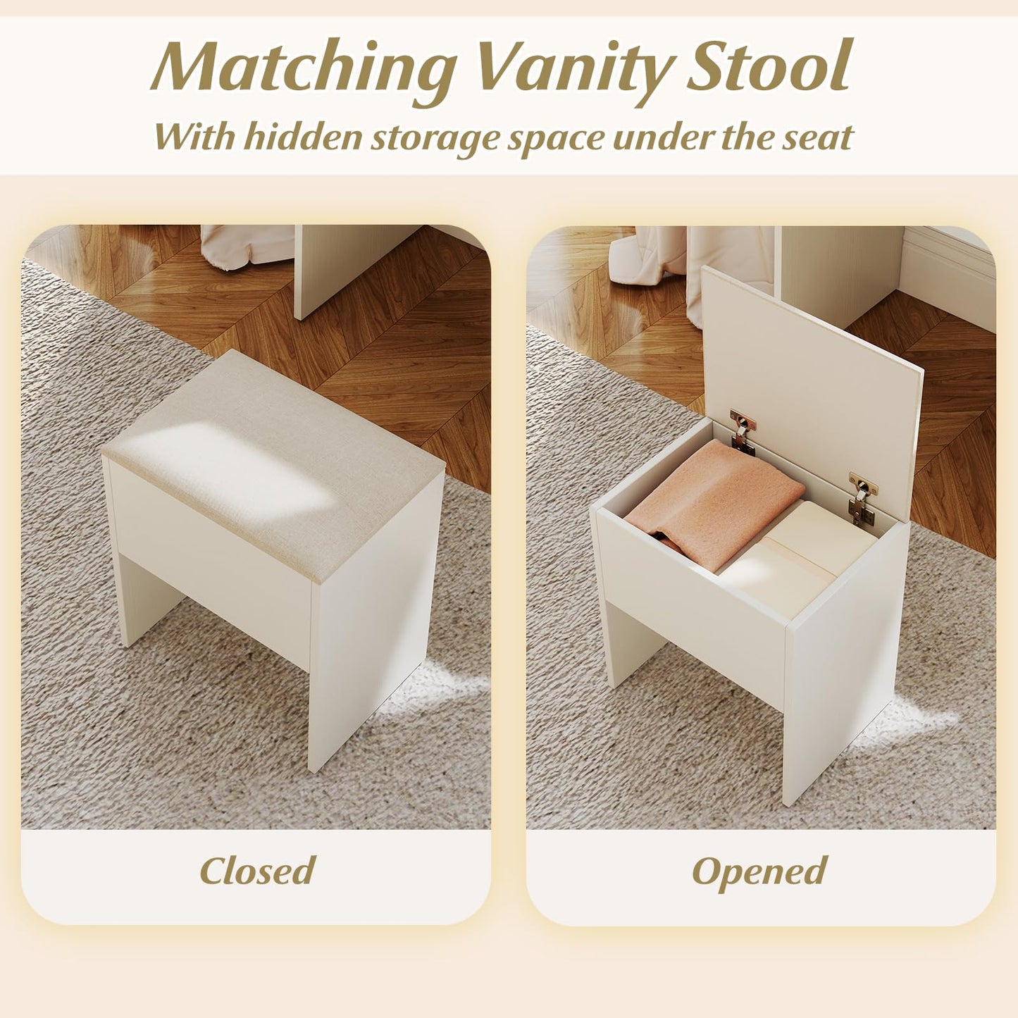 CHEFJOY Vanity Desk with Mirror and Lights, Dressing Table with Storage Stool, 4 Drawers, Charging Station, Hair Dryer Stand, 3 Color Lighting, Modern Makeup Vanity for Bedroom, Living Room, White
