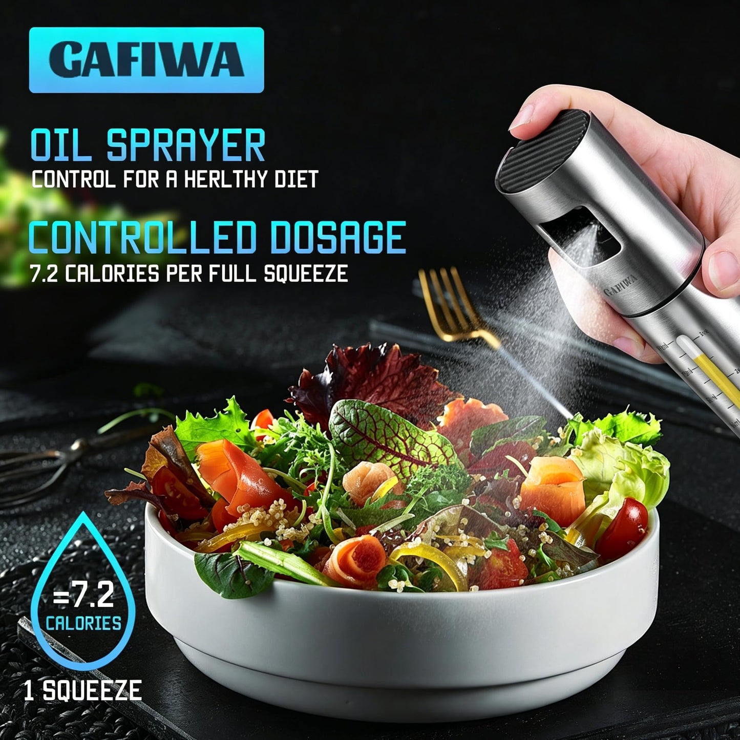 Gafiwa Advanced Olive Oil Sprayer for Cooking, Kitchen Avocado Oil Spray Bottles, Oil Mister Dispenser, 304 Stainless Steel Shell & Food-safe PP Plastic inner Bottle, 100ml, Leak-Proof and Portable.