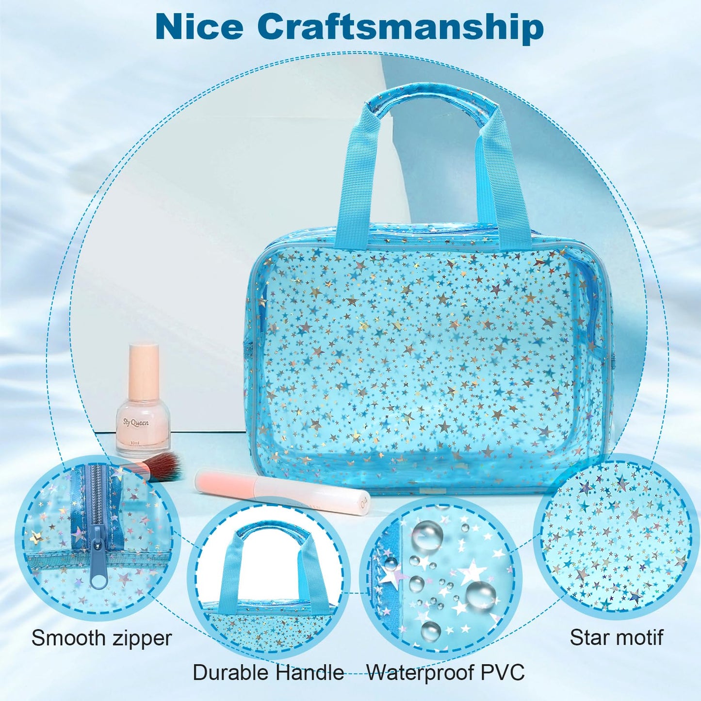 Junesters Clear Blue Star Large Makeup Bag with Star Pattern 12x5x8 inch, Travel Cosmetic Bag with Handle, Durable PVC Material Washbag Zipper Opening Design for Makeup Travel Organizer or Gym Use