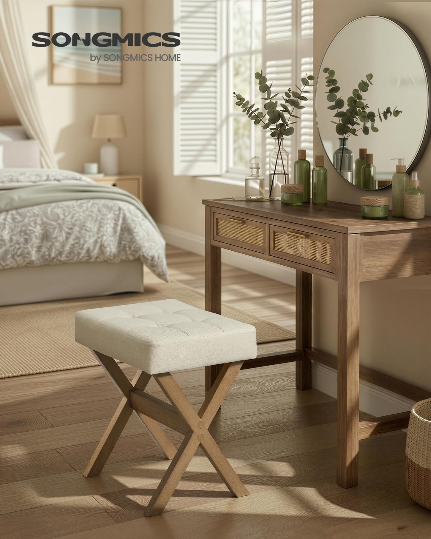 SONGMICS Makeup Stool, Padded Vanity Stool, Foot Rest, Solid Wood X Legs, for Bedroom, Closet, Entryway, 12.6 x 16.5 x 18.1 Inches, Summer Sand and Brown ULSF006LF01