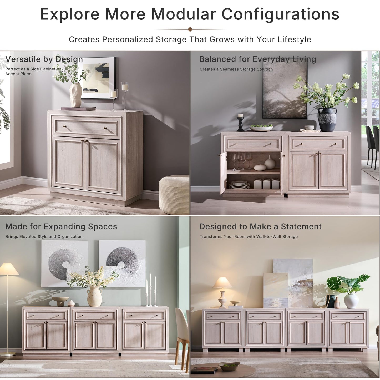 ACCOHOHO Modern Farmhouse Buffet Cabinet, 126" Sideboard Credenza, Modular Storage Cabinet with Framed Panel Fronts, Adjustable Shelves & Dual Base Design, White Alder