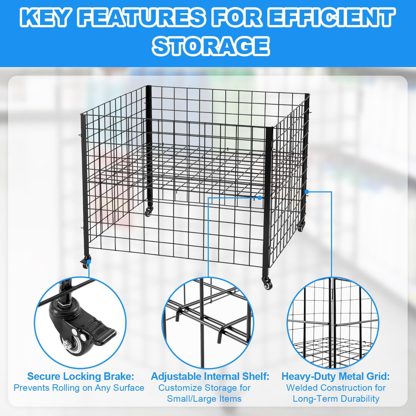 Leinuosen Heavy Duty Metal Rolling Dump Bin with Adjustable Internal Shelf and Locking Casters, Retail Display Storage Basket for Store Warehouse Donation Inventory Organization(36 x 36 x 30 Inches)