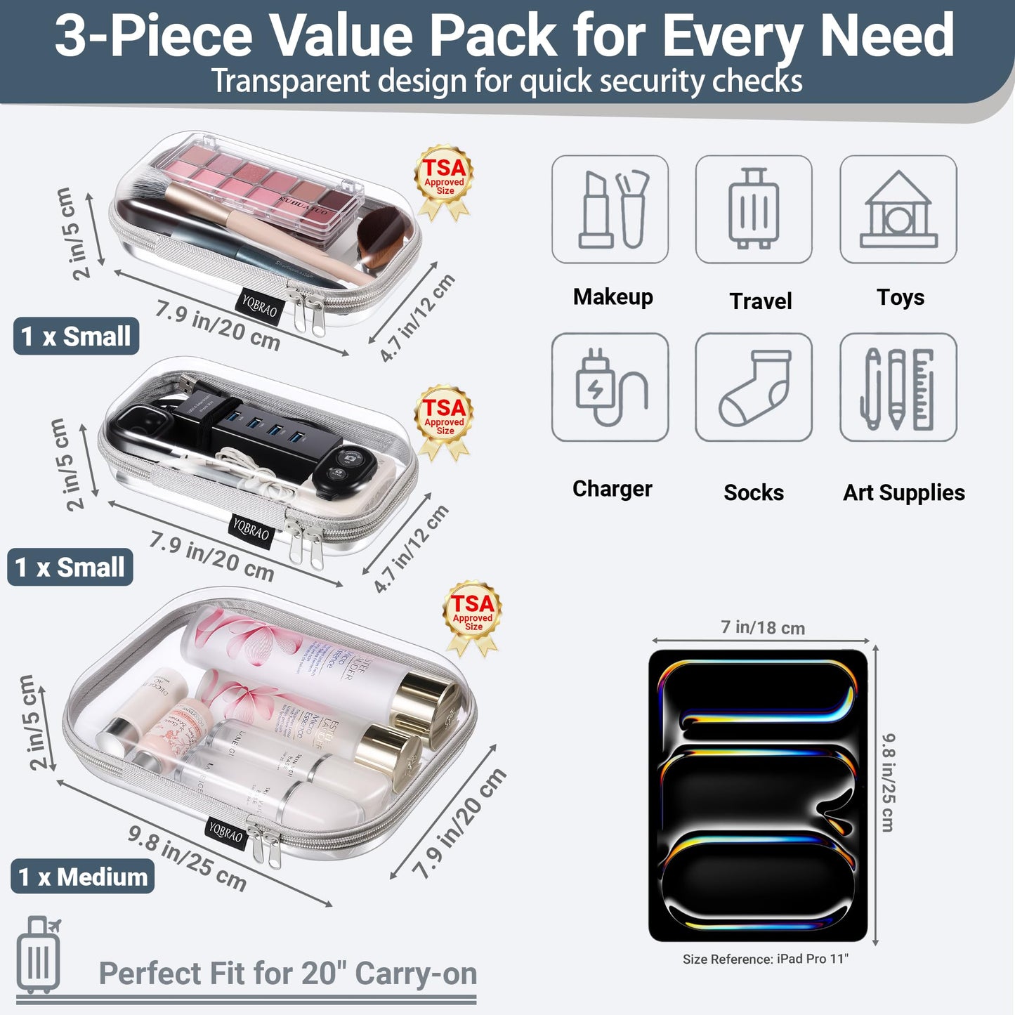 YQBRAO 3-Pack Clear Hard Shell Zipper Case - Grey Edition, 1.2mm Heavy-Duty Crush-Proof Travel Makeup Bag, TSA Approved Clear Zipper Pouches, Rigid Diaper Bag Organizer for Tech & Daily Essentials