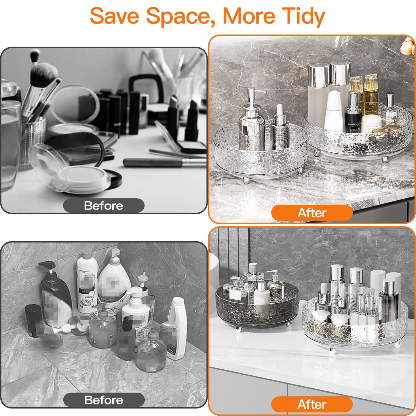 JUPITER WARRIOR 360 Rotating Makeup Organizer, Cosmetics Lazy Susan Spinning Skincare Storage for Vanity, Turntable Perfume Trays for Dresser Bathroom Countertop and Kitchen (Clear)