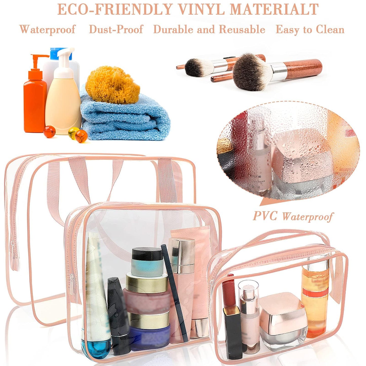APREUTY Clear Makeup Bags, TSA Approved 6 Pcs Cosmetic Makeup Bags Set Clear PVC with Zipper Handle Portable Travel Luggage Pouch Airport Airline Vacation Organization (Pink)