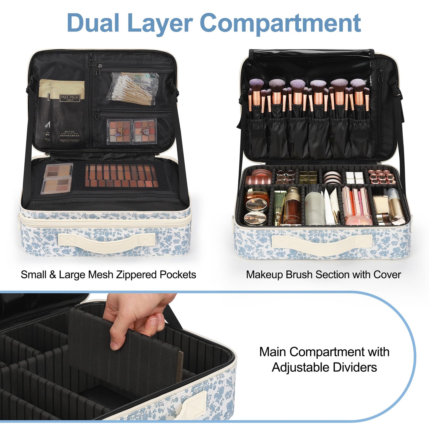 Relavel Large Makeup Bag, Floral Cosmetic Bag for Women, Professional Travel Train Case Portable Makeup Artist Bag Make Up Storage Organizer Box with Adjustable Dividers and Makeup Brush Compartment