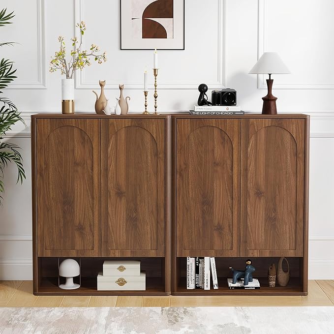 Tall and Large Shoe Storage Cabinet Set of 2 with Doors and Adjustable Shelves, 5-Tier Modern Shoe Rack Cabinet Storage for Entryway, Entrance, Hallway, Foyer/Kitchen Sideboard - Walnut