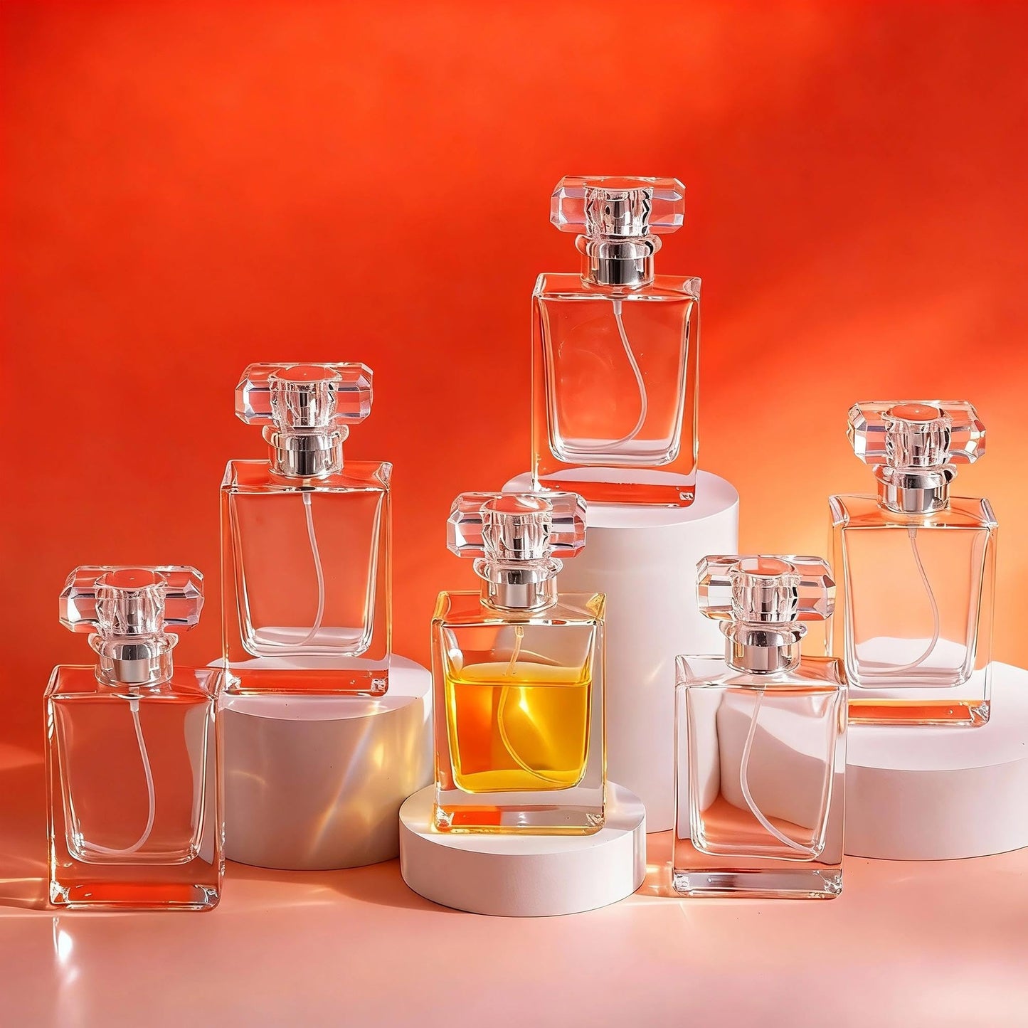 YU FENG Glass Perfume Spray Bottle Set, Refillable Fine Mist Atomizer for Fragrance, Daily Use & Organization – Square Glass, Silver Cap, 50ML, 6 Pack