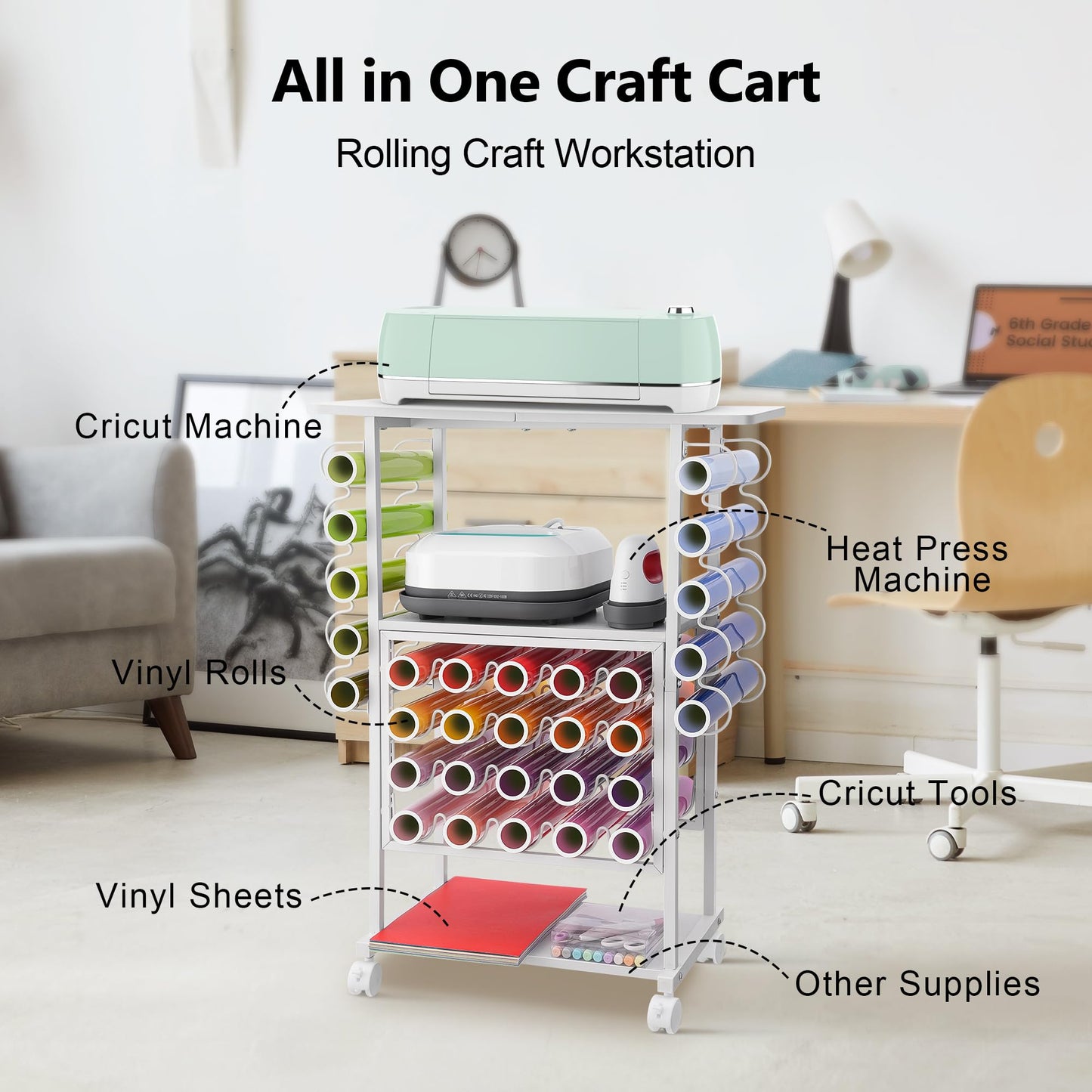 30 Vinyl Roll Holders for Cricut Cart, Organization and Storage Compatible with Cricut Maker Machine, Crafting Table Organization Workstation for Craft Room, 3 Tier Rolling Craft Cart for Small Spaces