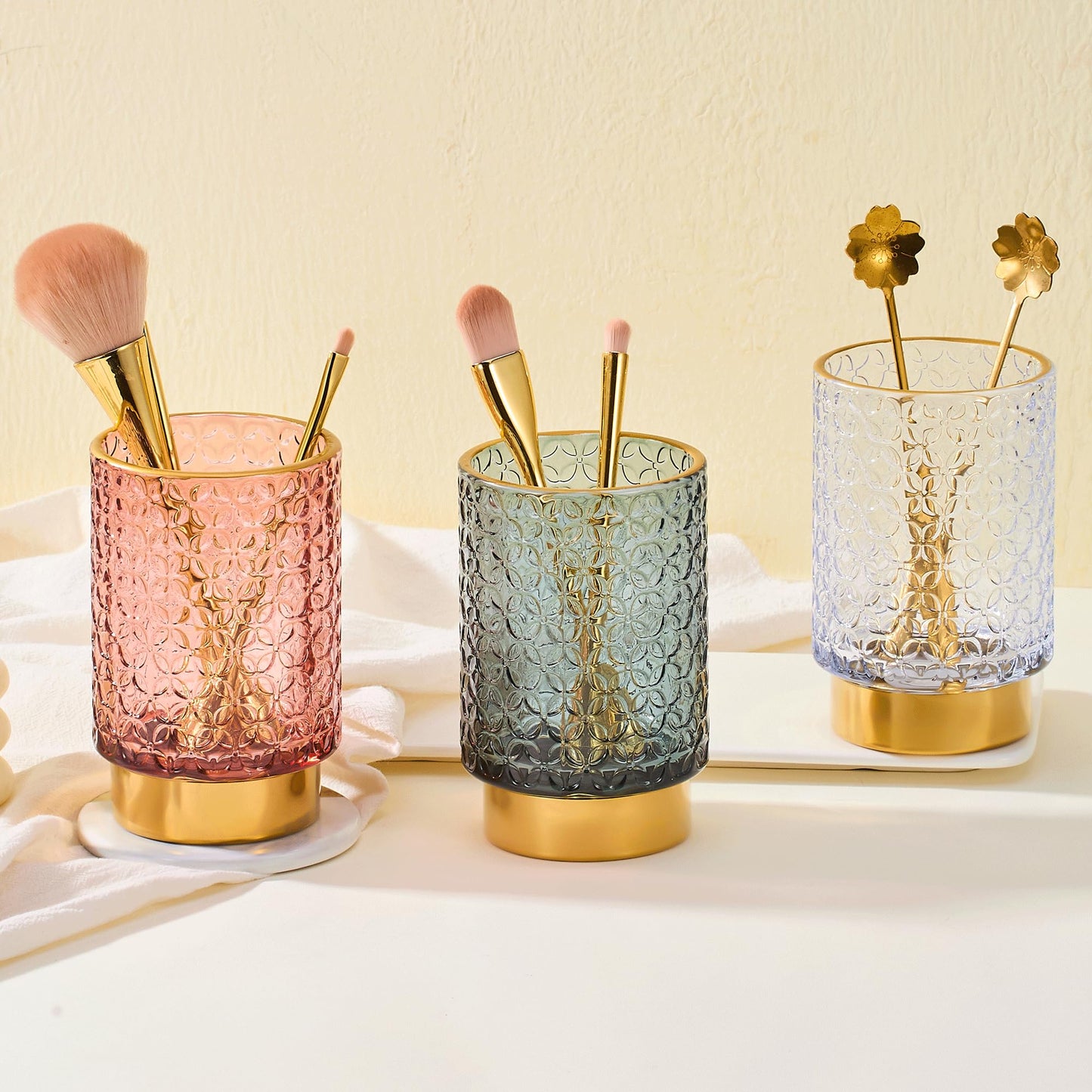 LEICURACE Makeup Brush Holder Organizer,Toothbrush Holders,Desk Pen Pencil Holder,Multifunctional Vintage Glass Brush Cup（A44-4-US）
