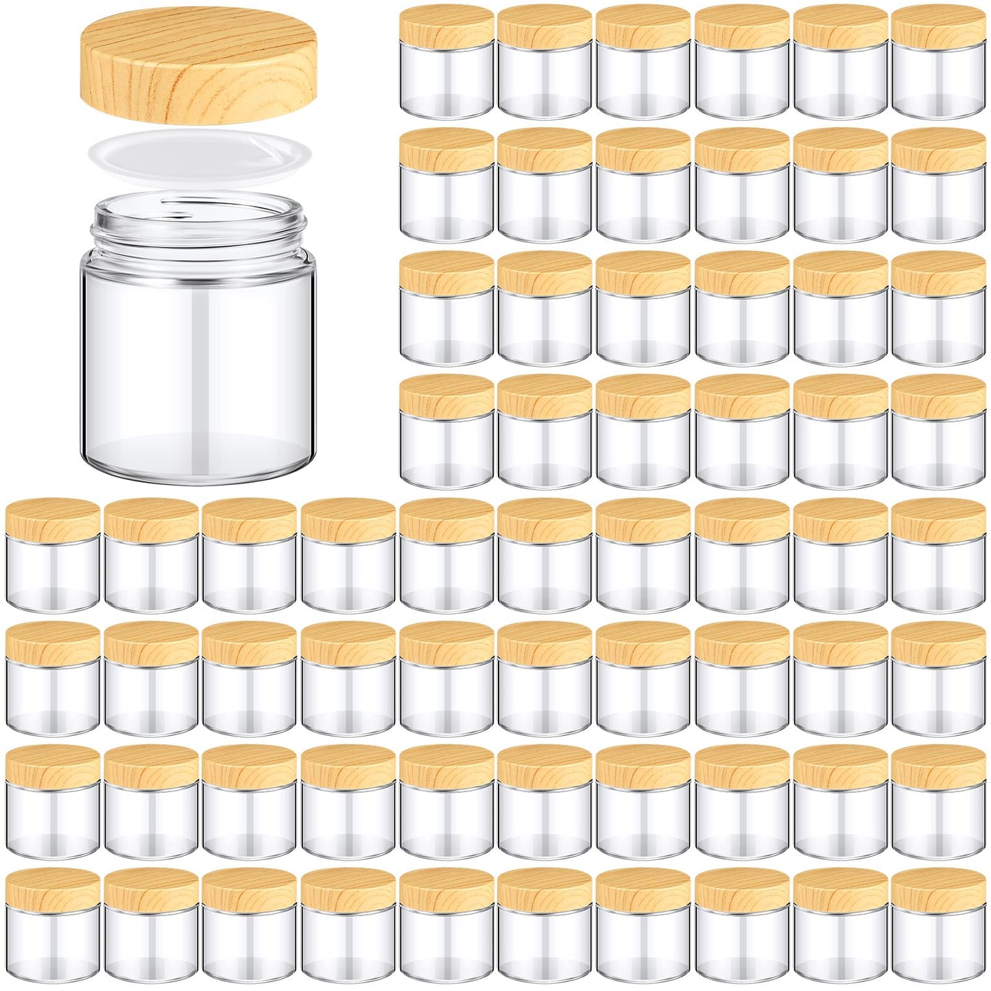 Norme 64 Pcs 4 oz Glass Jars with Lids Empty Small Glass Containers and Inner Liners Reusable Cosmetic Jars Round Airtight Bottles with Plastic Wood Grain Lids for Travel