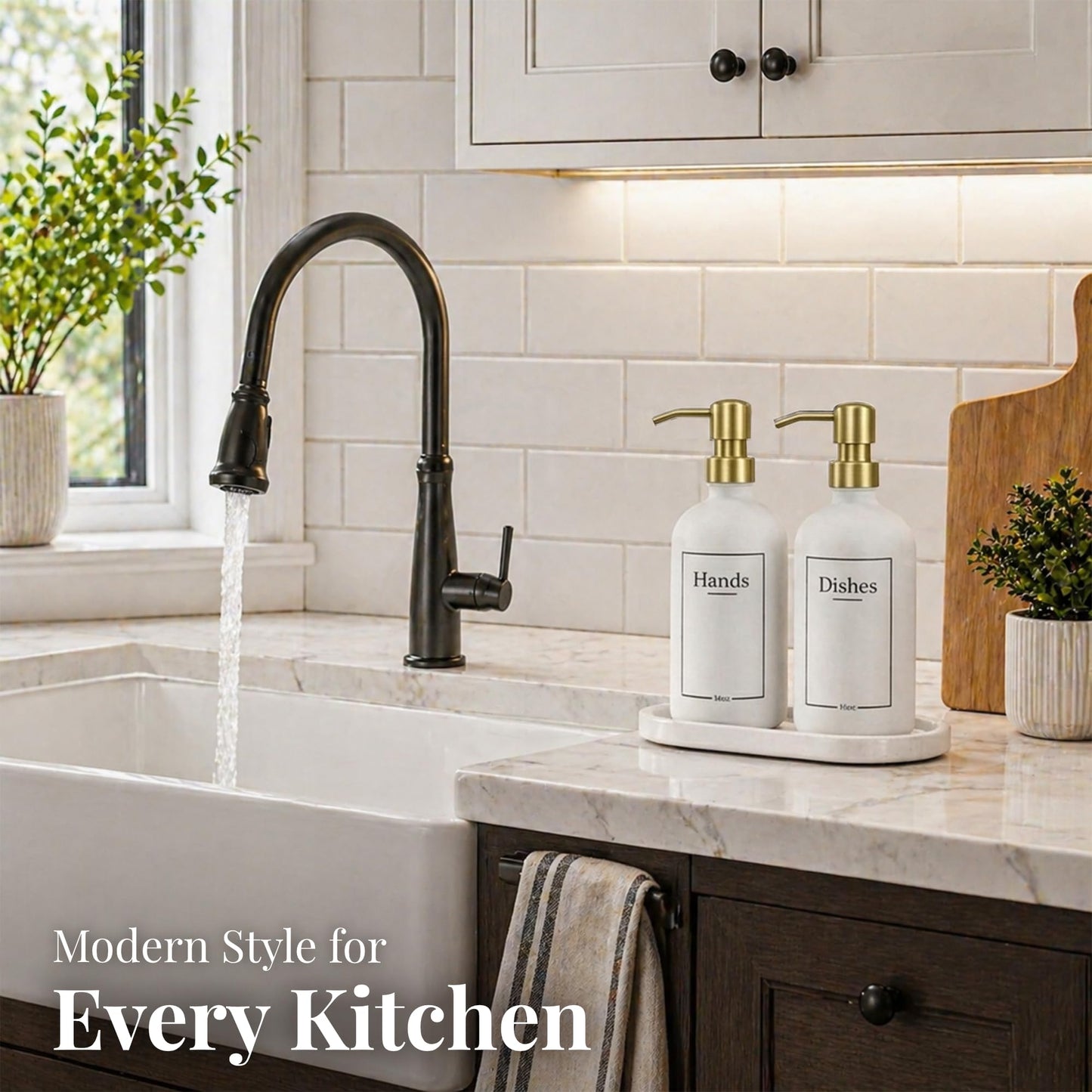 Glass Hand and Dish Soap Dispenser Set with Bamboo Tray – Kitchen Soap Dispenser Set, Gold Pumps, 16 oz, Silicone Funnel – Modern Farmhouse Kitchen Sink Decor & Accessories