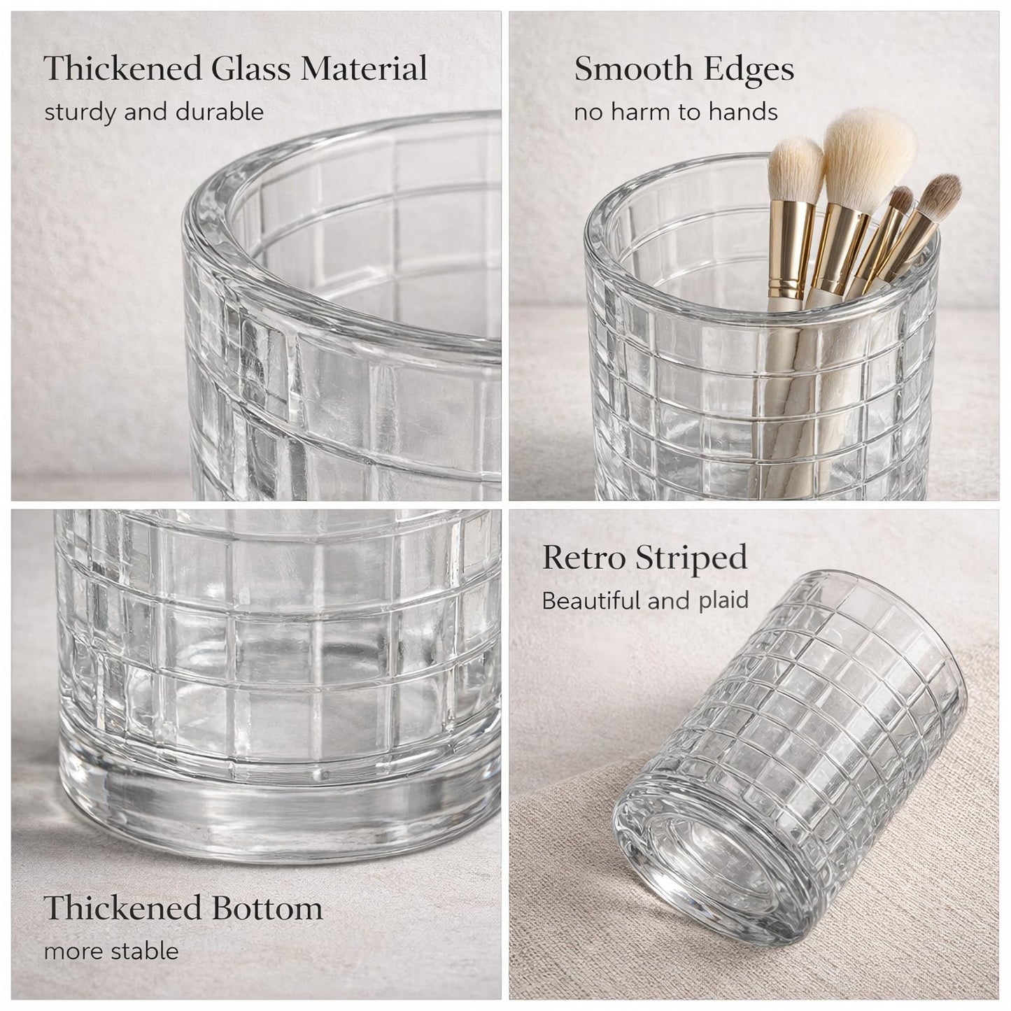 Makeup Brush Holder Organizer, Grid Pattern Glass Storage Box Container, Multifunctional Toothbrush Desk Pen Pencil Holder for Crystal Home Decor, Table Centerpiece, Wedding, Party(Clear 2 Pack)